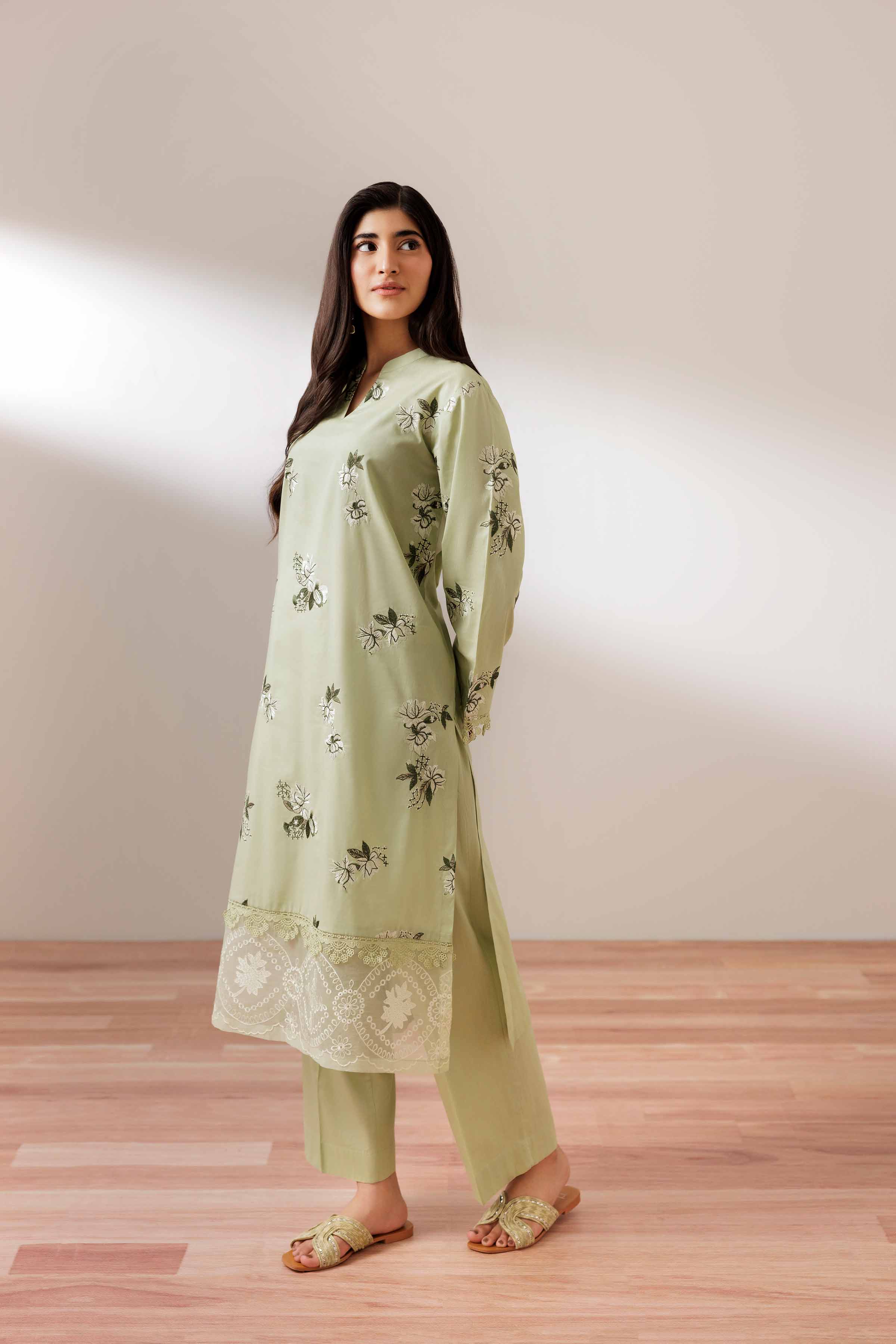 2 Piece - Embroidered Suit - PUS25-71 READY TO WEAR Green Cambric 2PC Embroidered