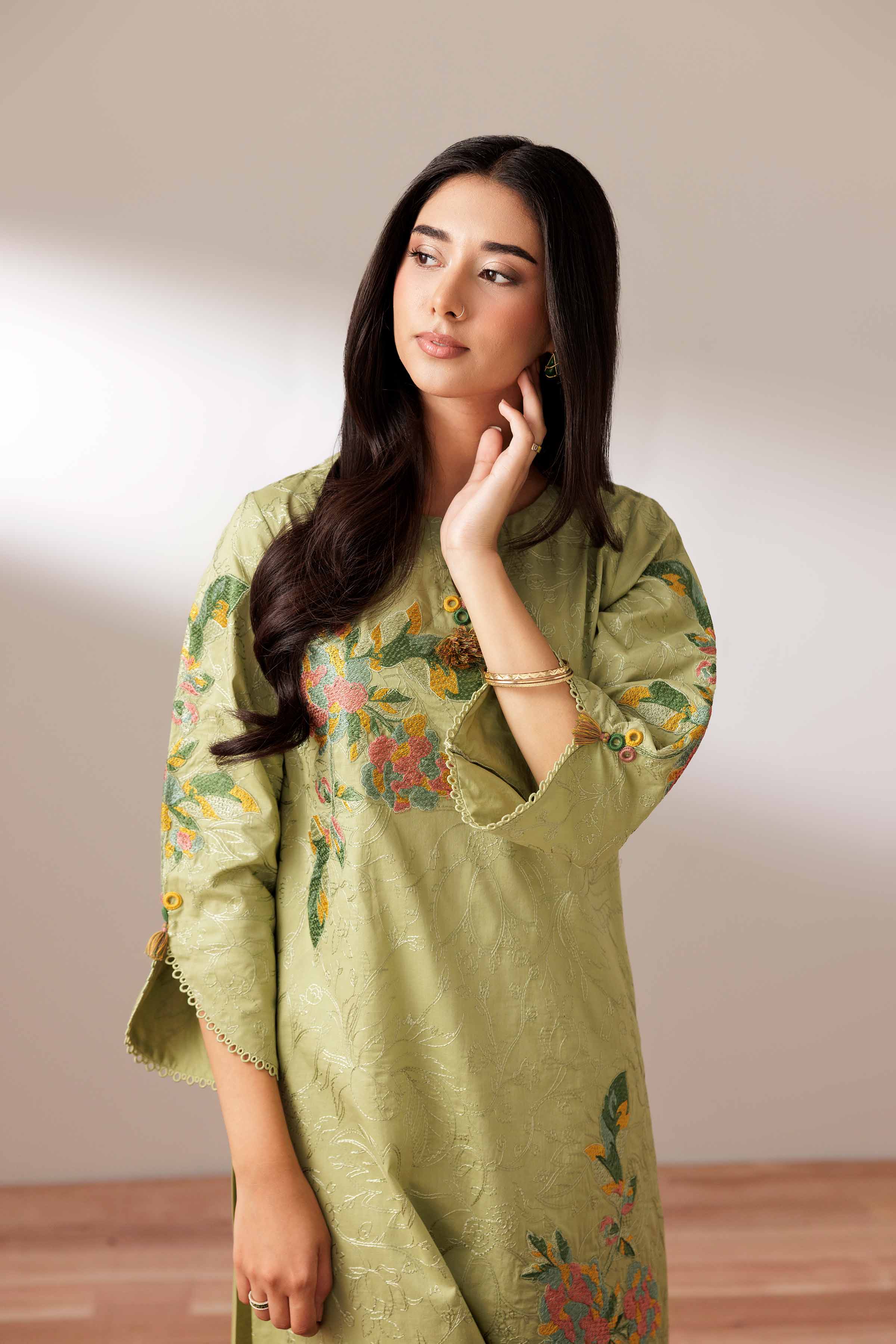 2 Piece - Embroidered Suit - PUS25-72 READY TO WEAR Green Cambric 2PC Embroidered
