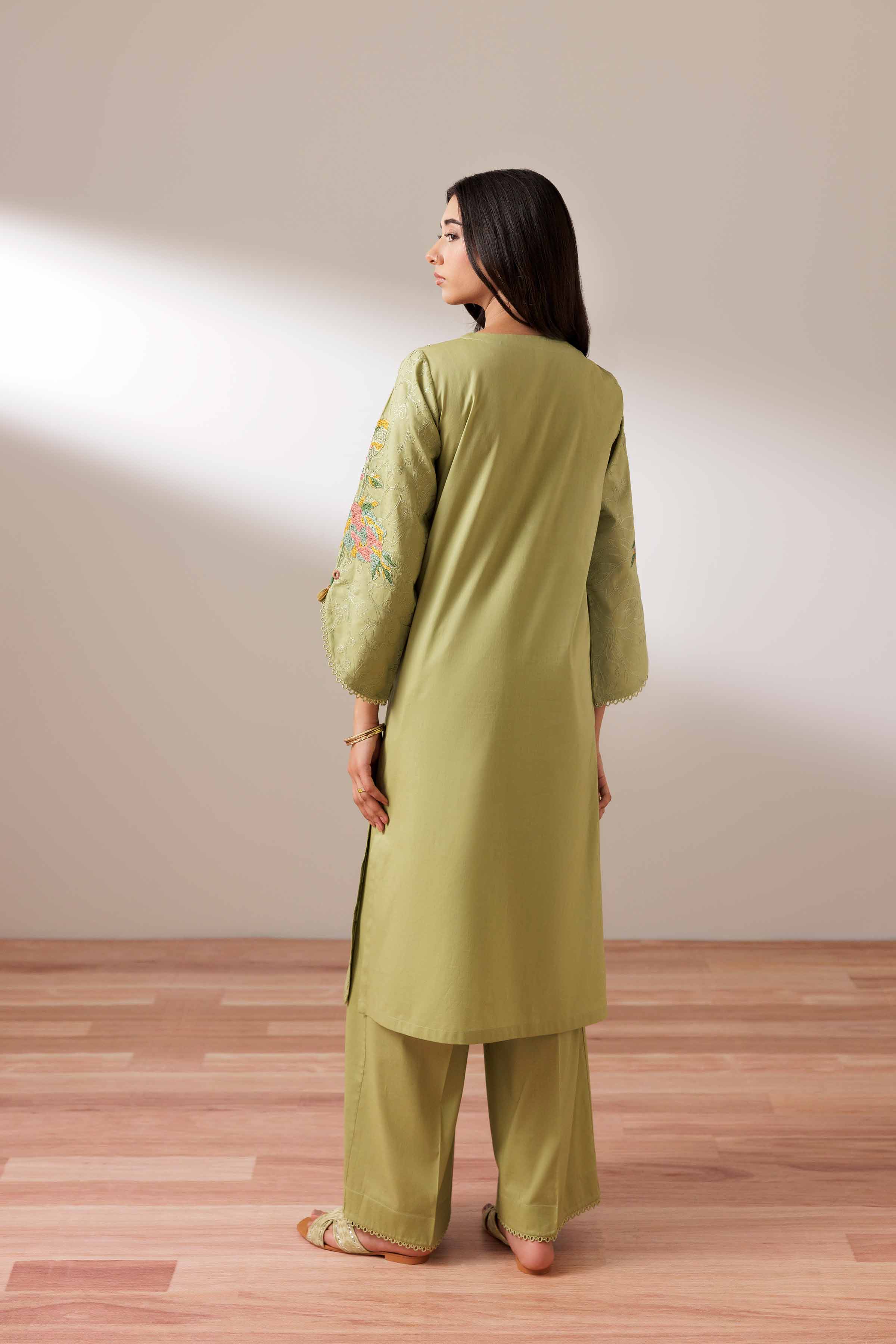 2 Piece - Embroidered Suit - PUS25-72 READY TO WEAR Green Cambric 2PC Embroidered