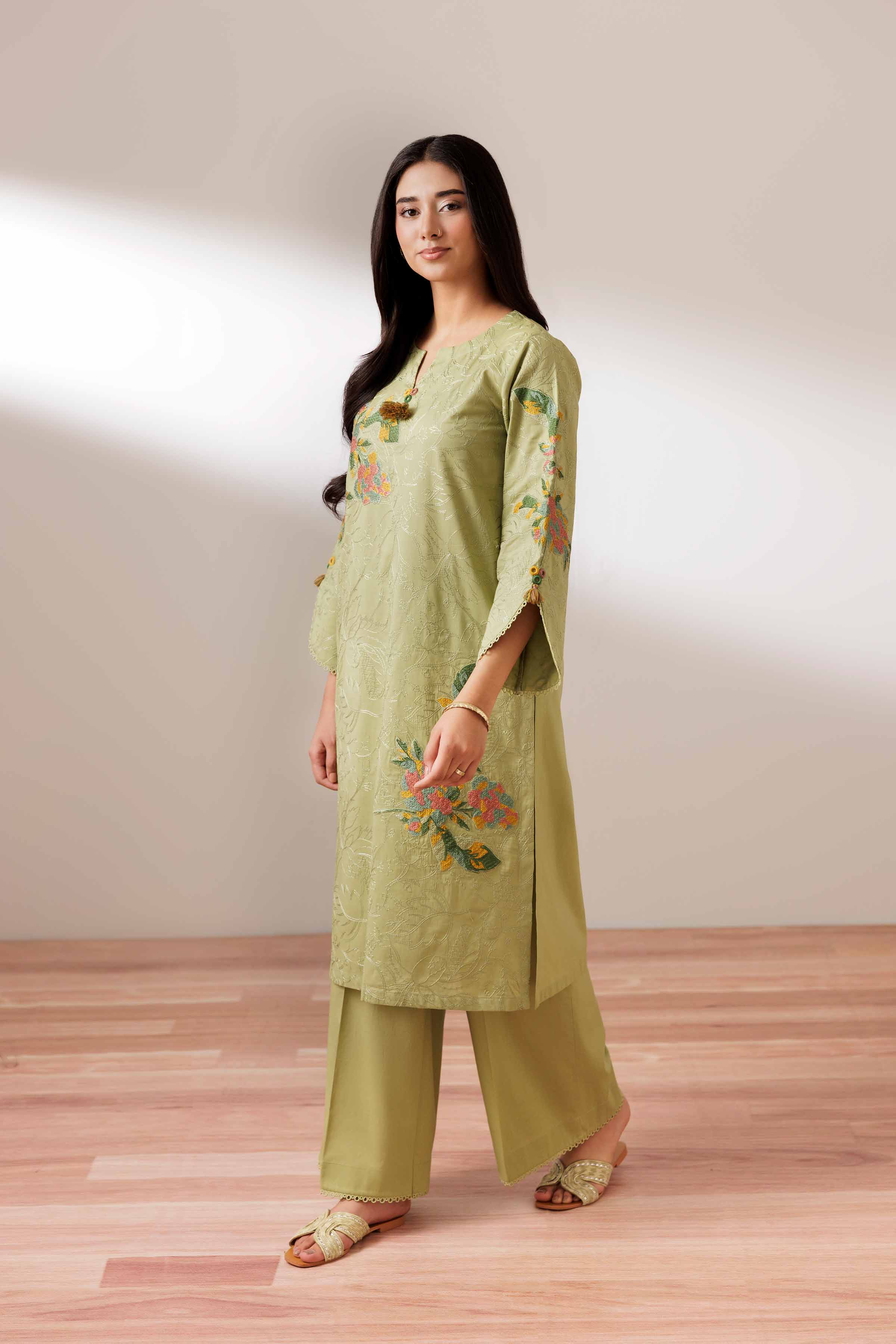 2 Piece - Embroidered Suit - PUS25-72 READY TO WEAR Green Cambric 2PC Embroidered