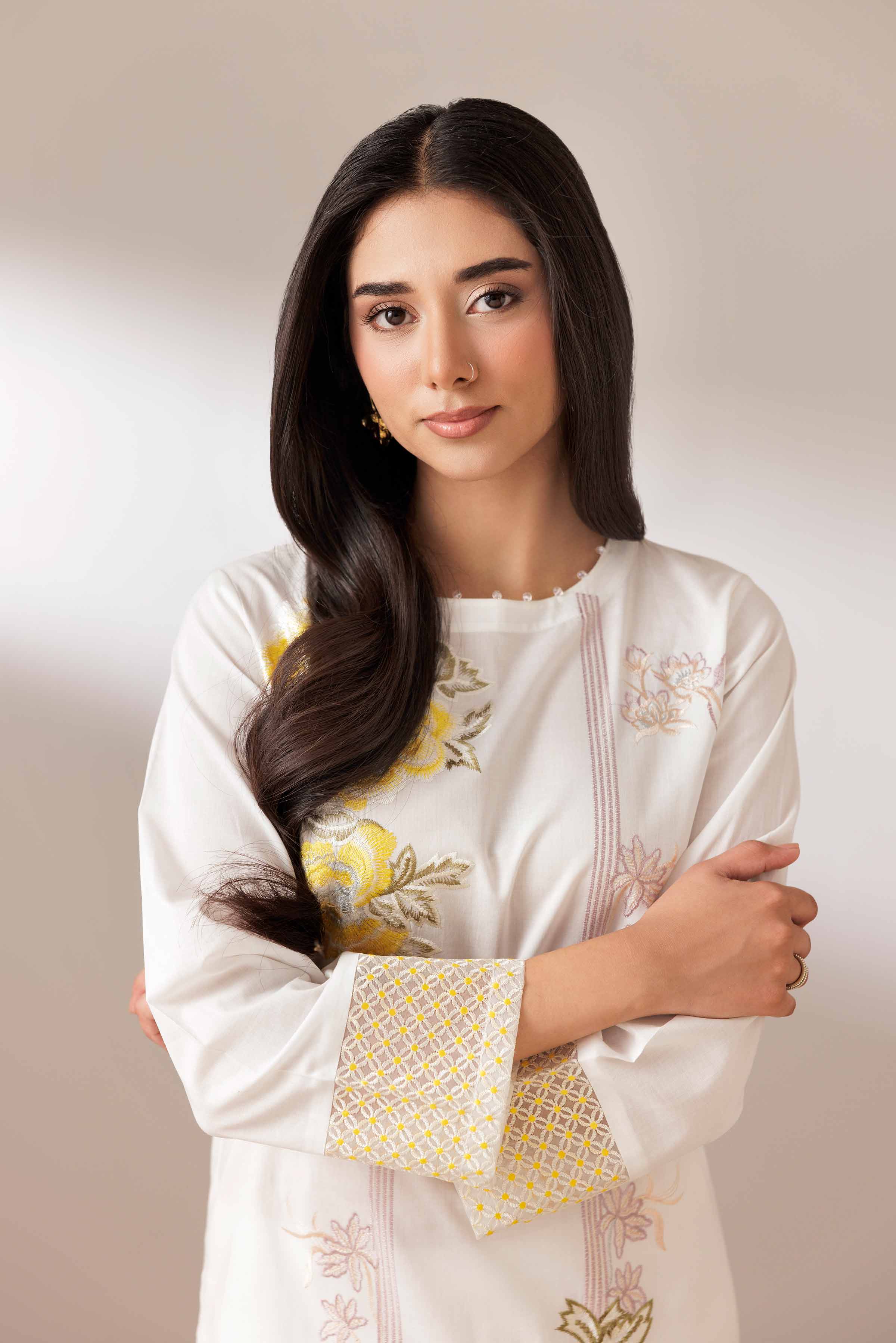 2 Piece - Embroidered Suit - PUS25-75 READY TO WEAR White Cambric 2 Pieces Embroidered