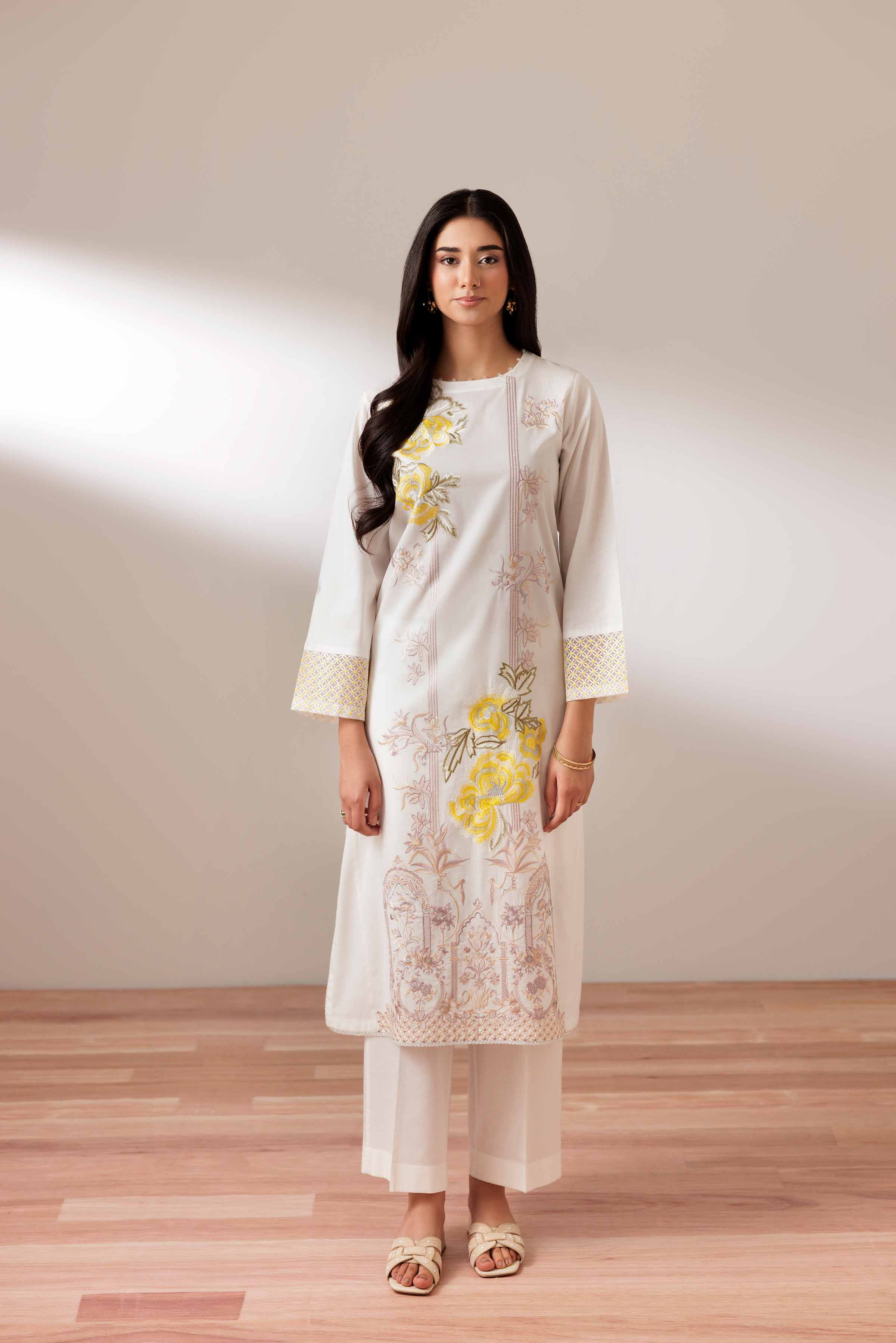 2 Piece - Embroidered Suit - PUS25-75 READY TO WEAR White Cambric 2 Pieces Embroidered
