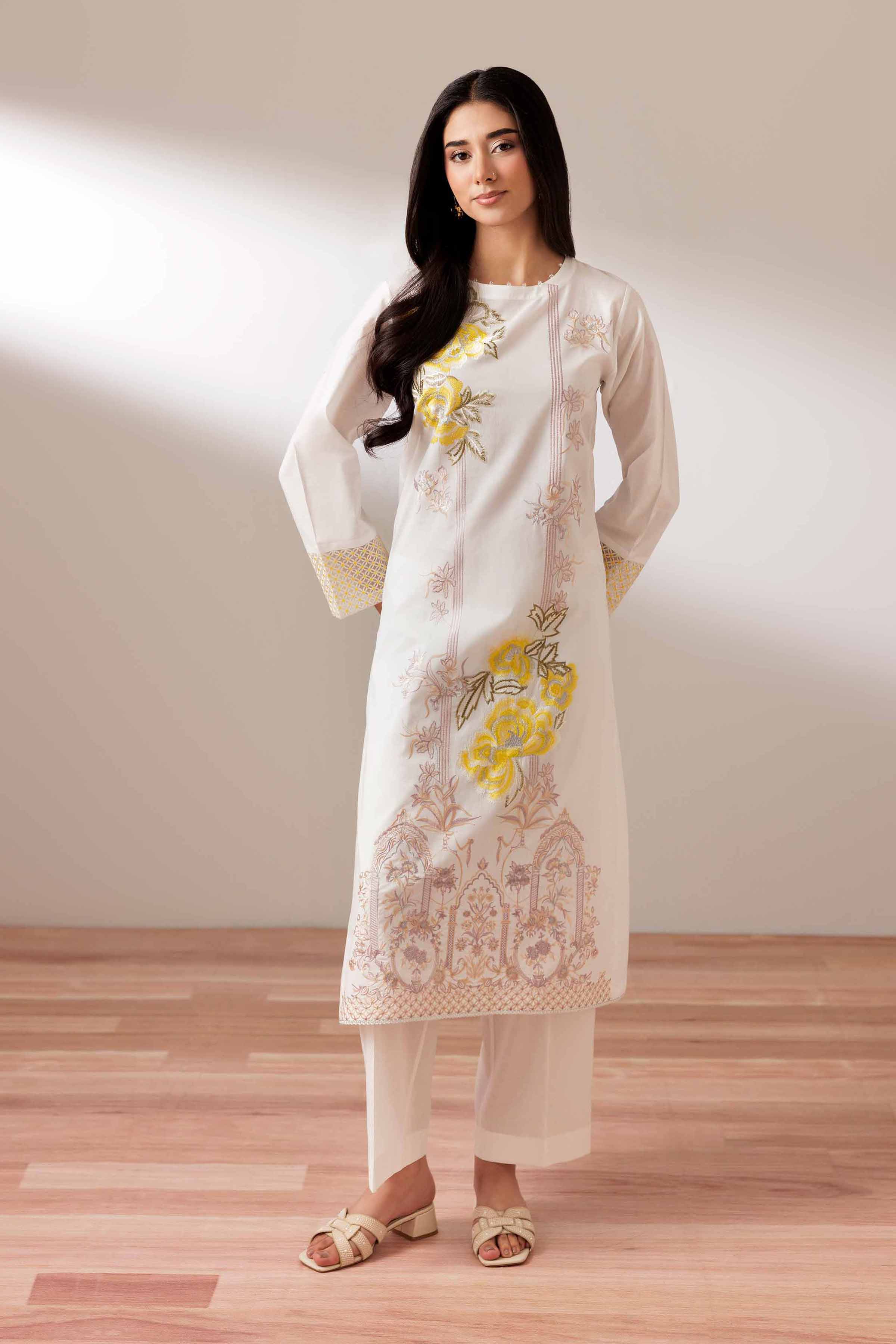 2 Piece - Embroidered Suit - PUS25-75 READY TO WEAR White Cambric 2 Pieces Embroidered