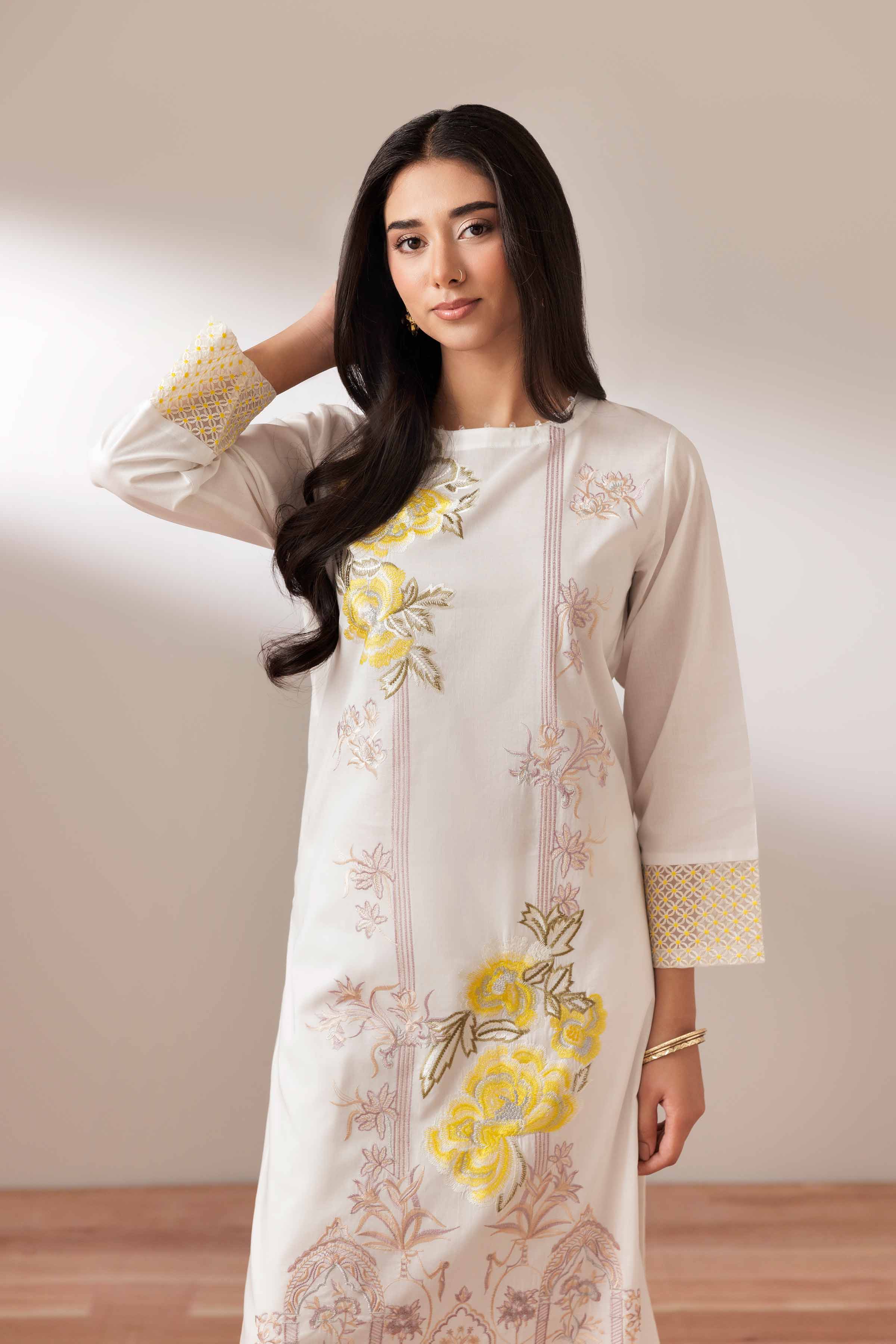 2 Piece - Embroidered Suit - PUS25-75 READY TO WEAR White Cambric 2 Pieces Embroidered