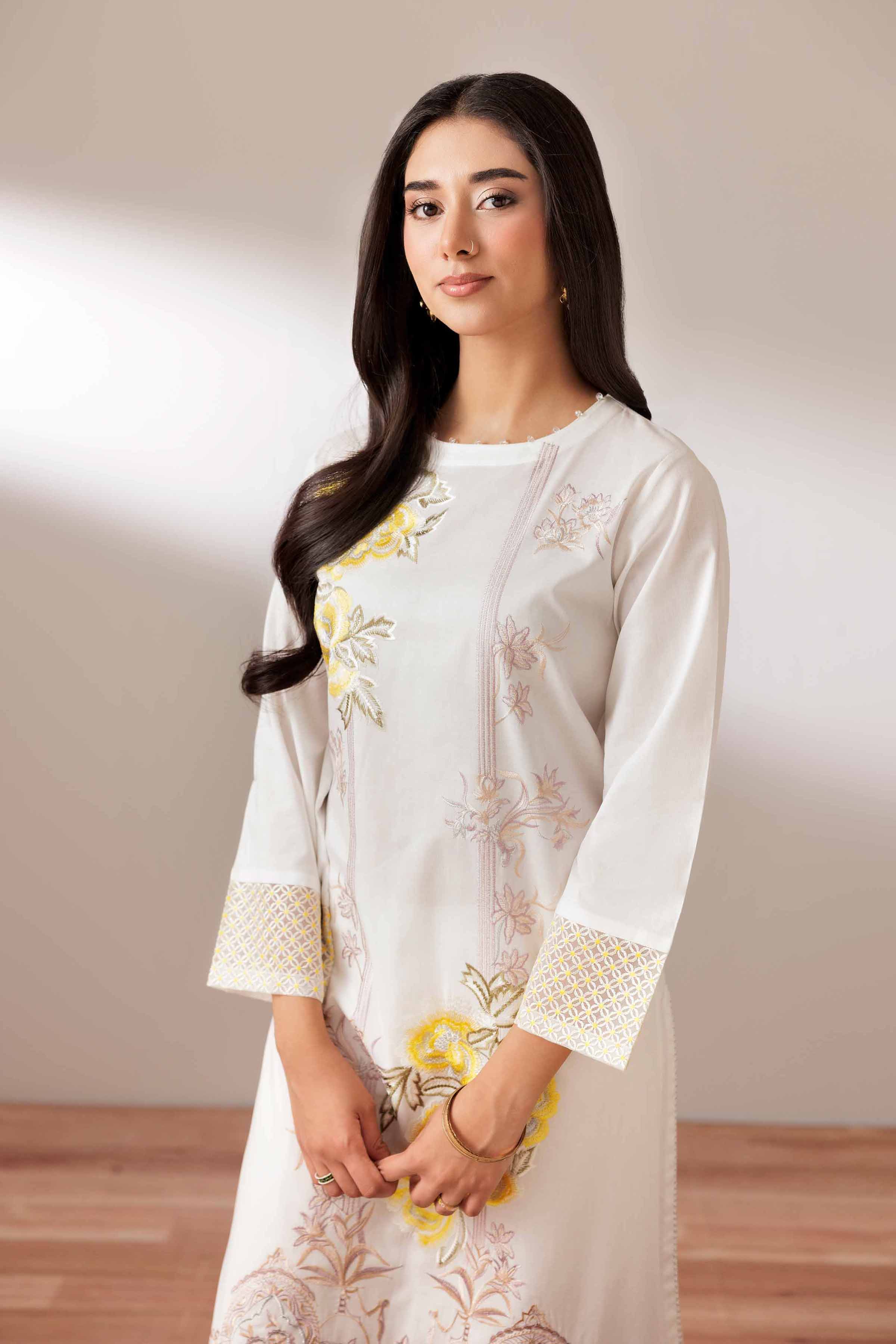 2 Piece - Embroidered Suit - PUS25-75 READY TO WEAR White Cambric 2 Pieces Embroidered