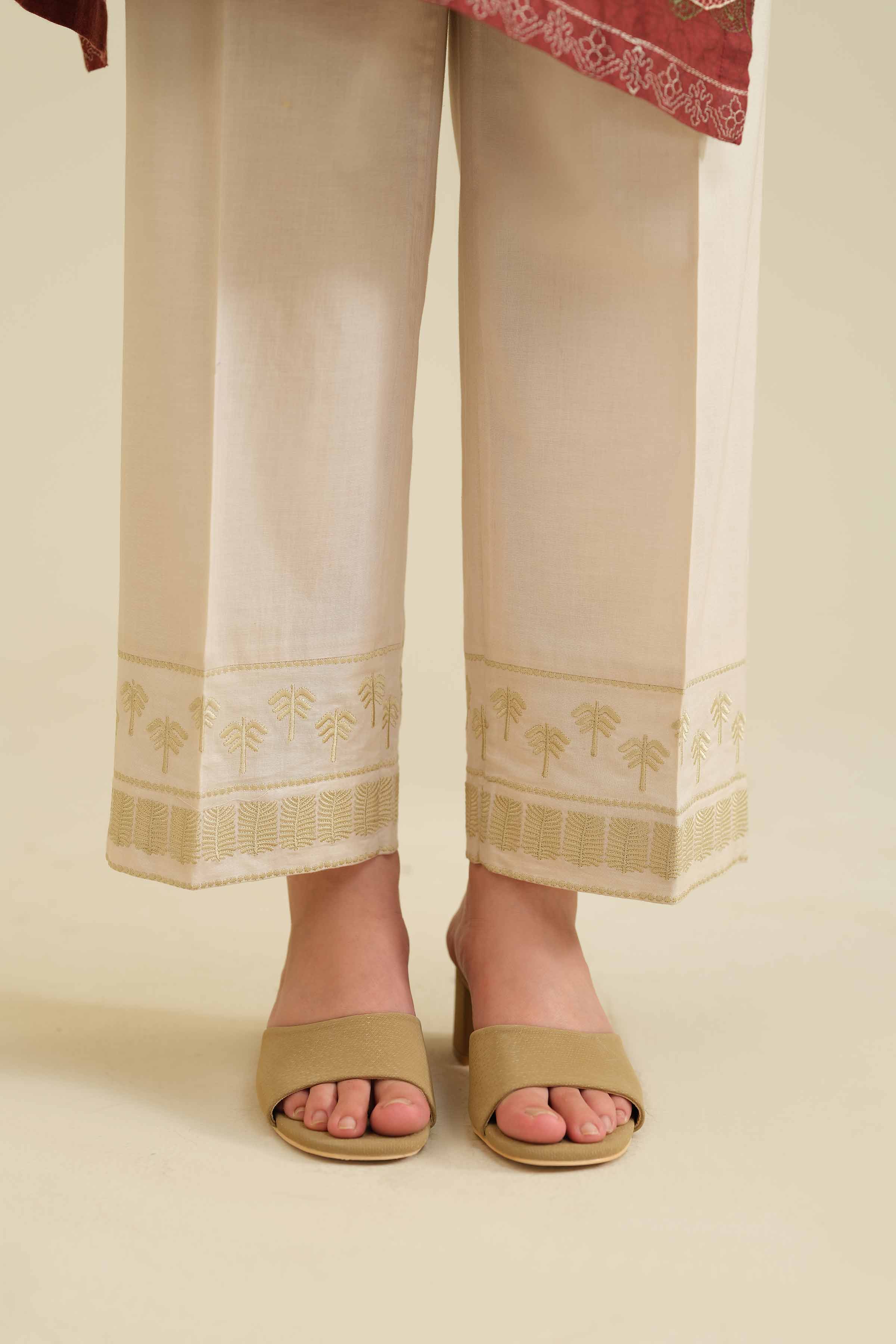 Embroidered Trousers - PW25-104 READY TO WEAR Beige Cambric 1PC Embroidered