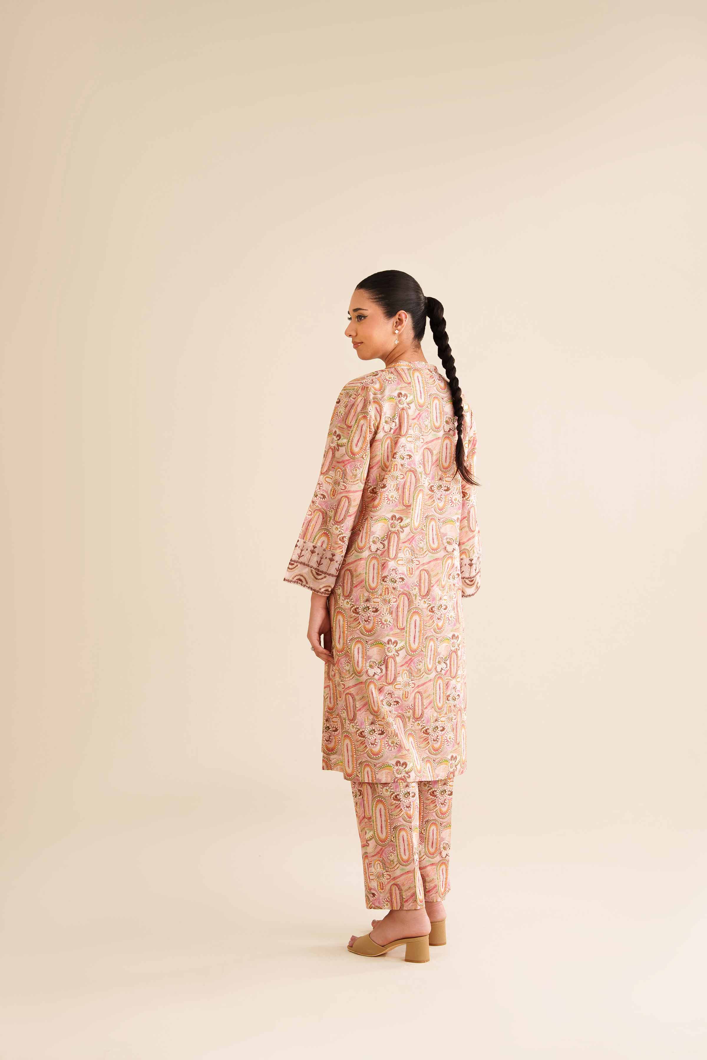 2 Piece - Printed Embroidered Suit - PW25-12 READY TO WEAR Pink Cambric 2PC Embroidered