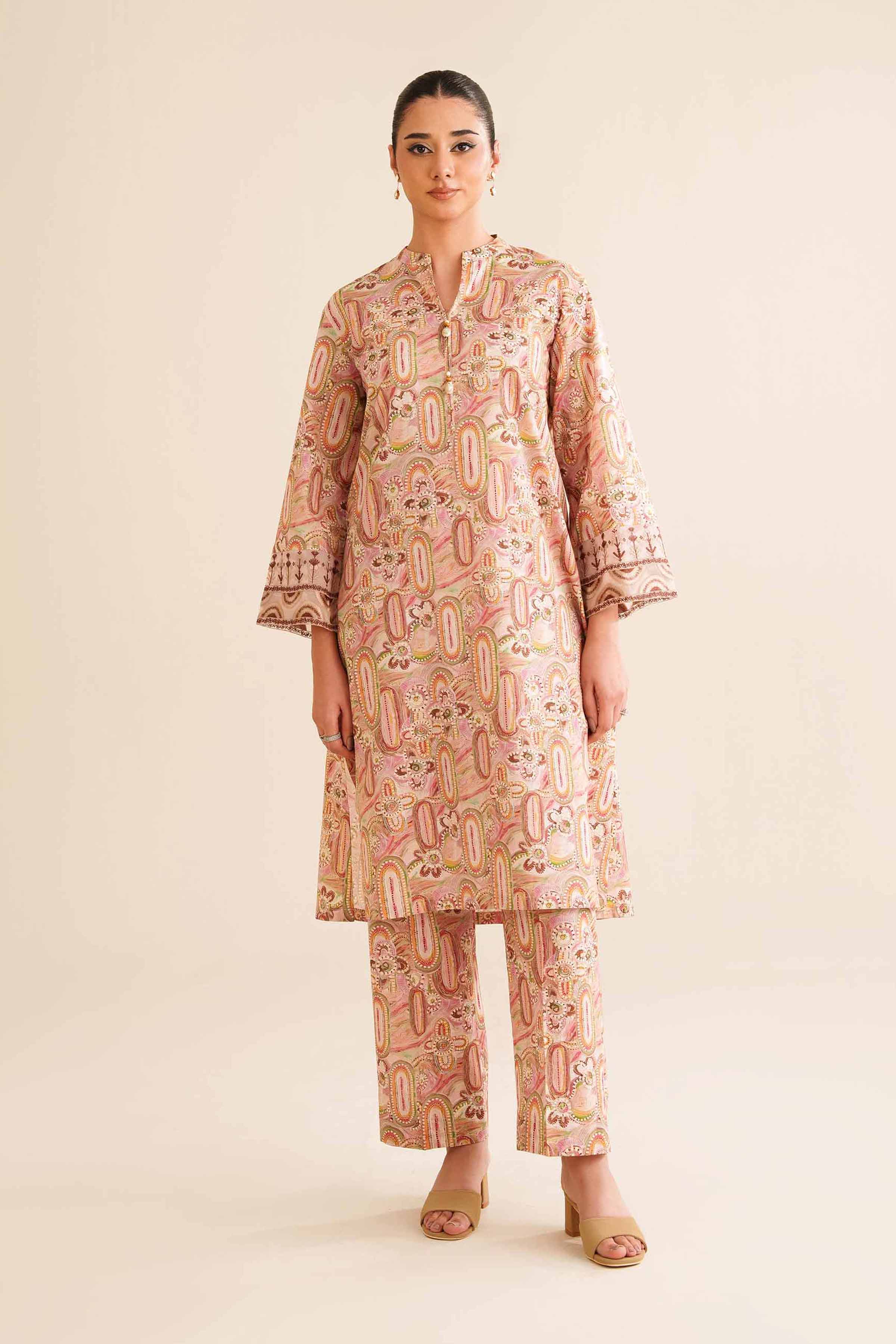 2 Piece - Printed Embroidered Suit - PW25-12 READY TO WEAR Pink Cambric 2PC Embroidered