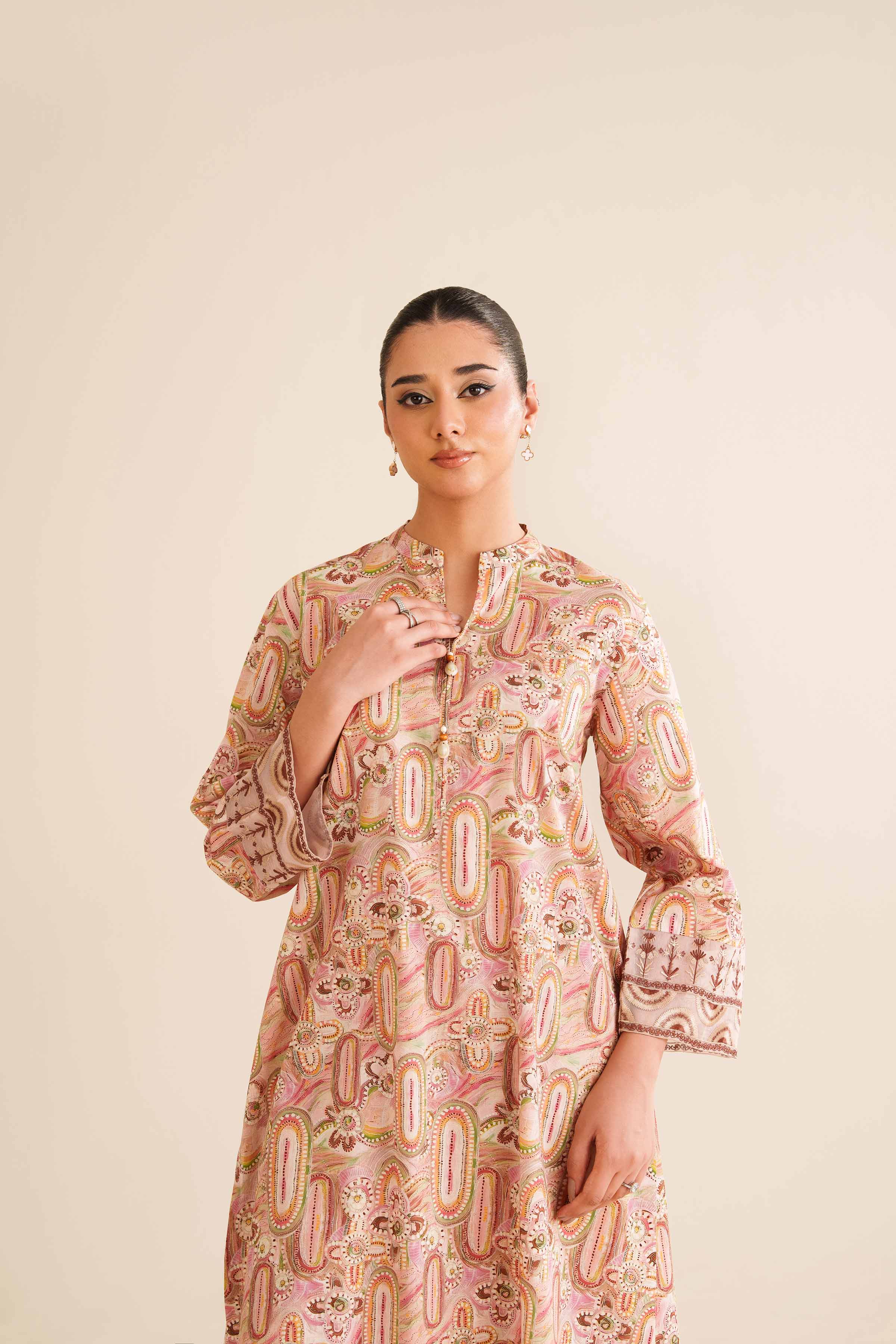 2 Piece - Printed Embroidered Suit - PW25-12 READY TO WEAR Pink Cambric 2PC Embroidered