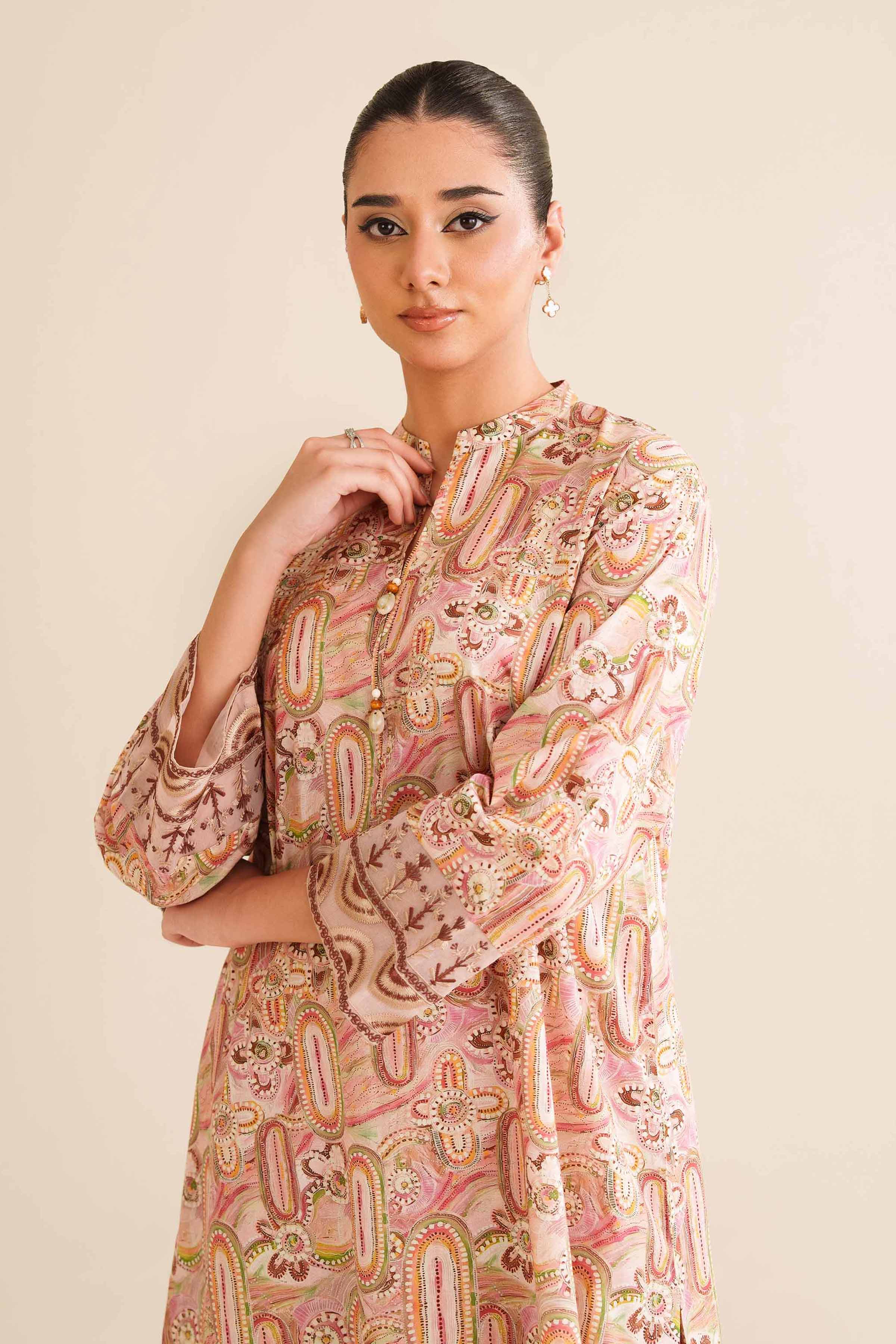 2 Piece - Printed Embroidered Suit - PW25-12 READY TO WEAR Pink Cambric 2PC Embroidered