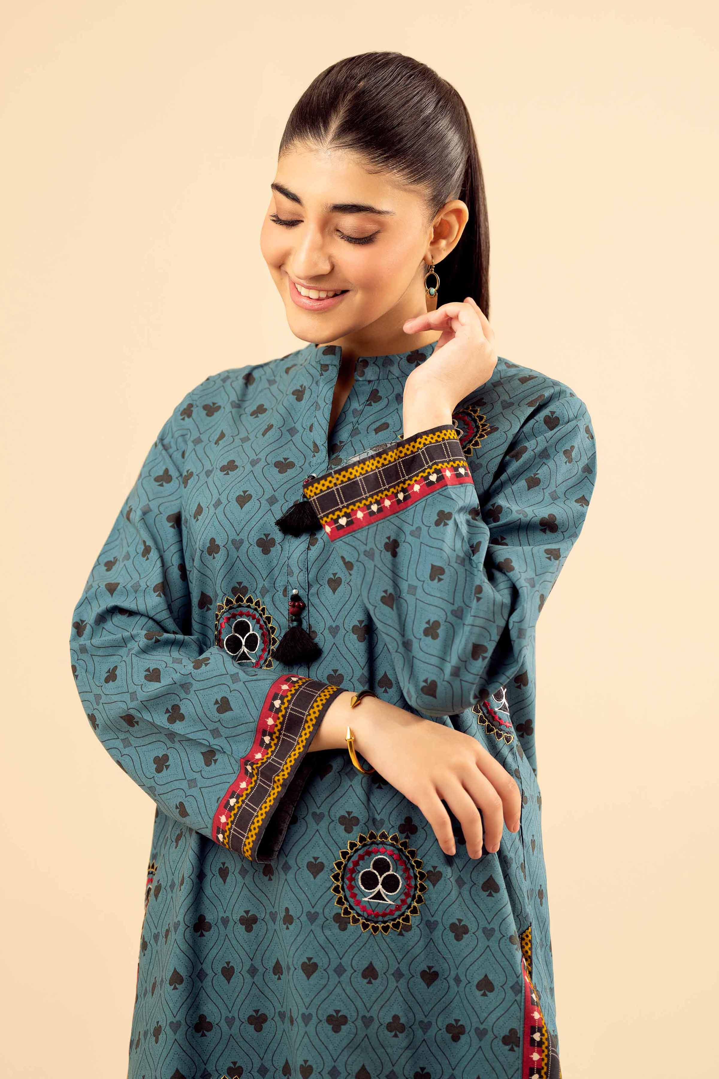 2 Piece - Printed Embroidered Suit - PW25-13 READY TO WEAR Green Cambric 2PC Embroidered