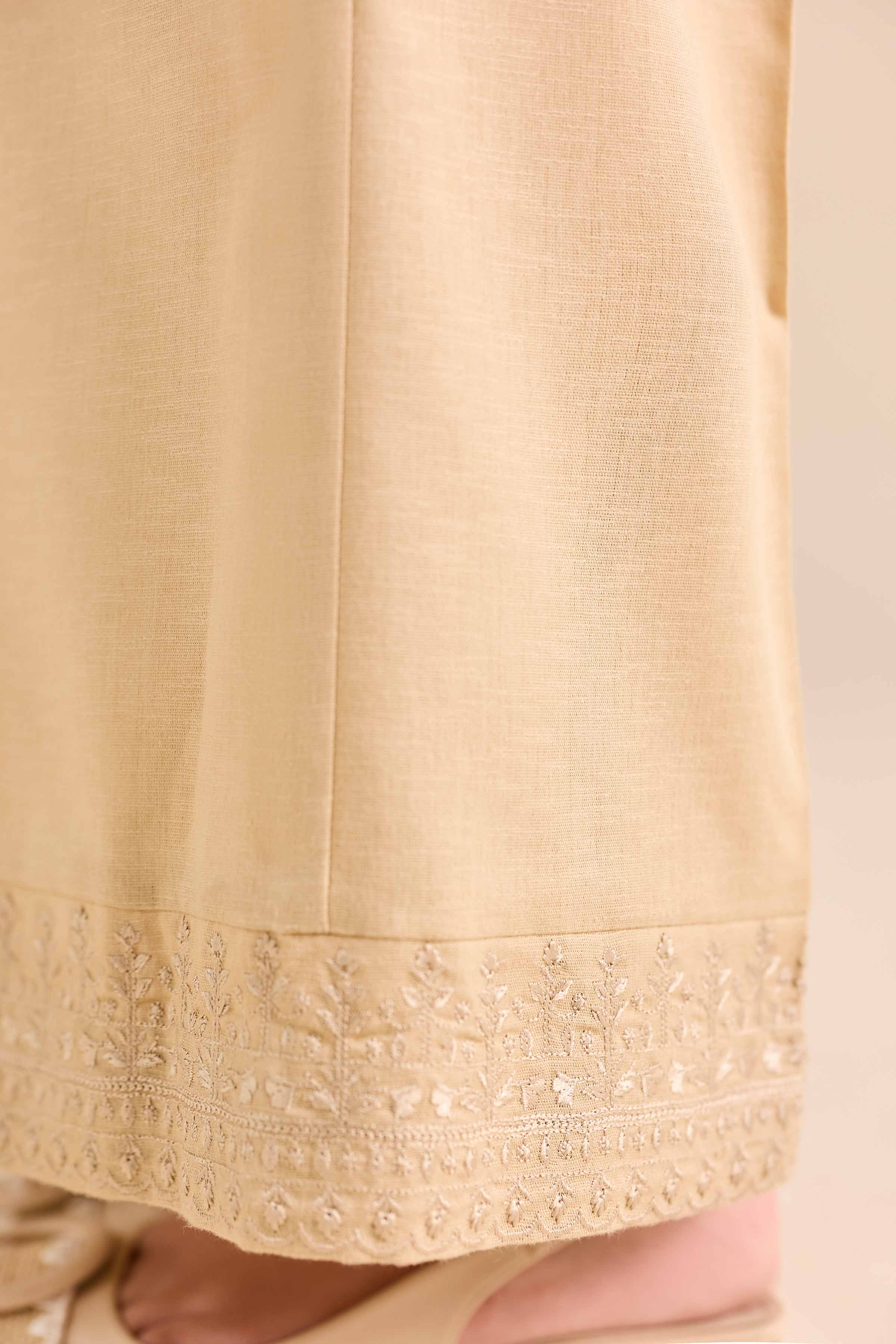 Embroidered Pants - PW25-160 READY TO WEAR Beige Karandi 1PC Embroidered