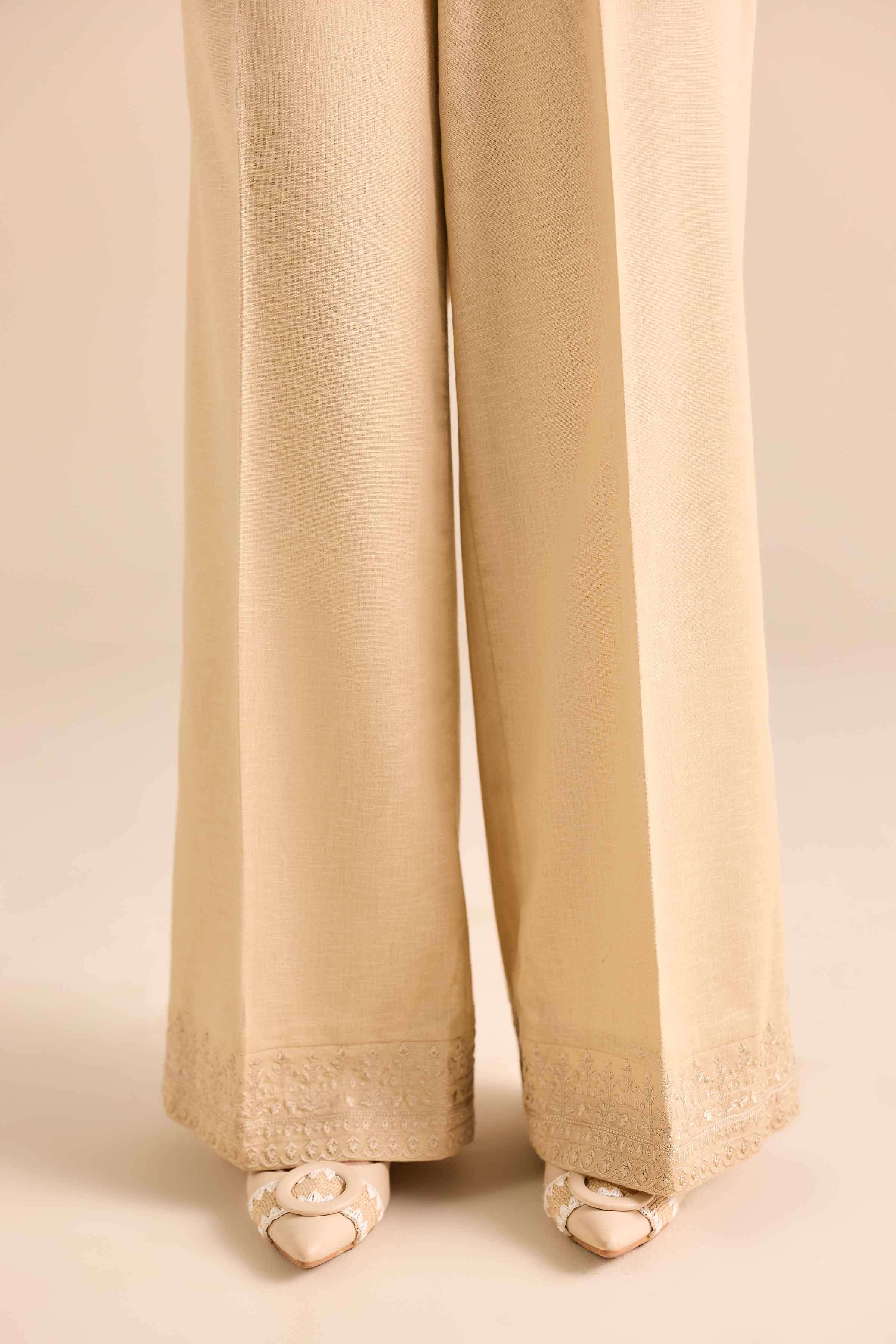 Embroidered Pants - PW25-160 READY TO WEAR Beige Karandi 1PC Embroidered
