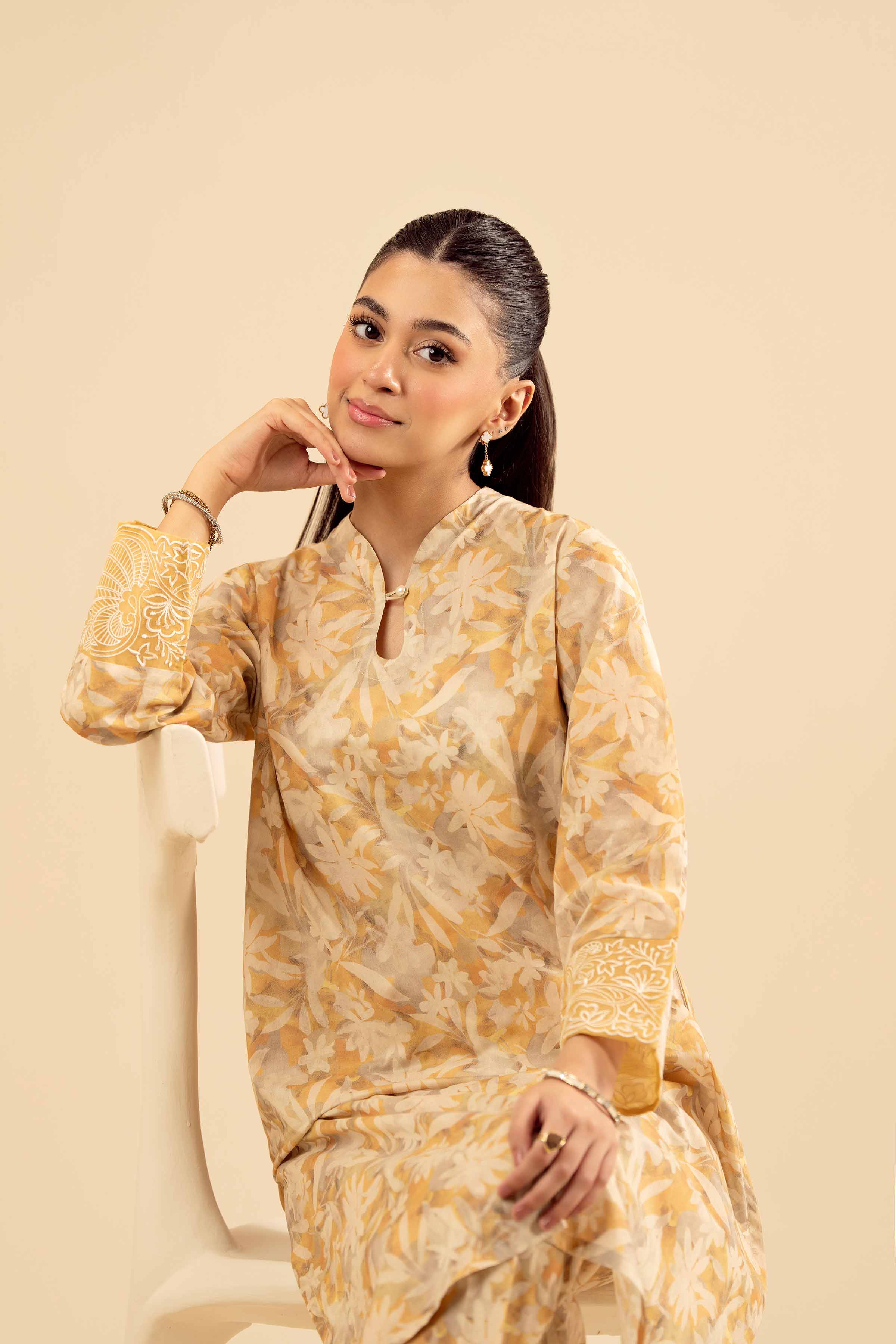 2 Piece - Printed Embroidered Suit - PW25-199 READY TO WEAR Beige Cambric 2PC Embroidered