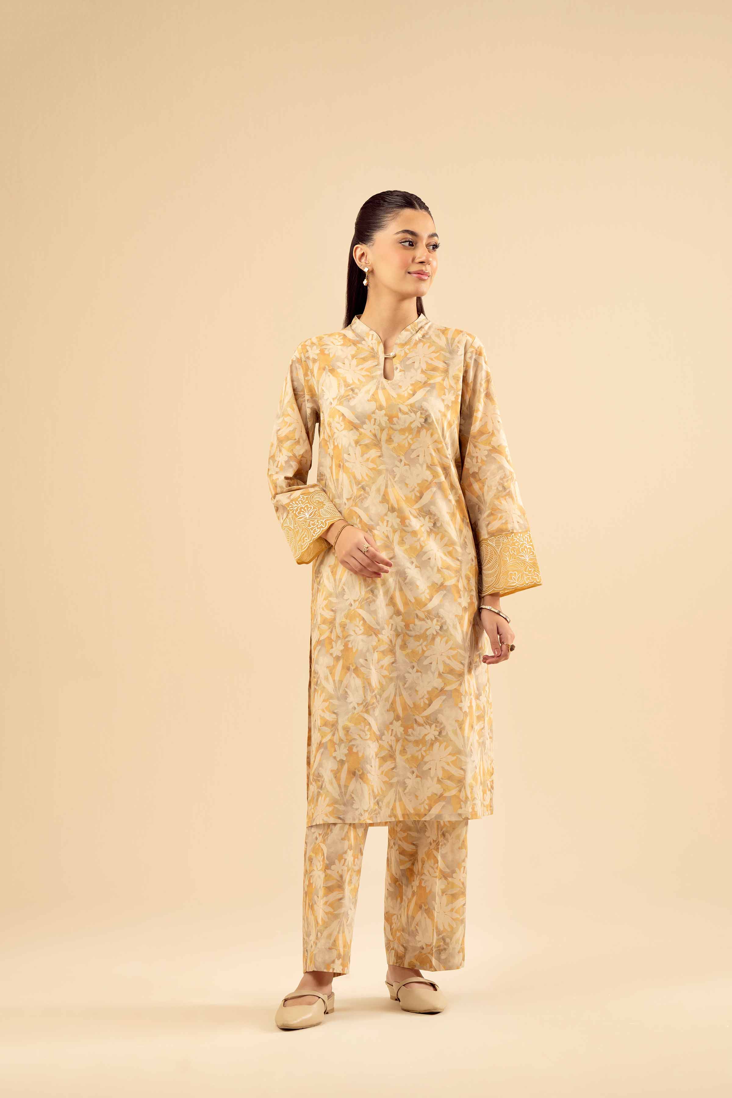 2 Piece - Printed Embroidered Suit - PW25-199 READY TO WEAR Beige Cambric 2PC Embroidered