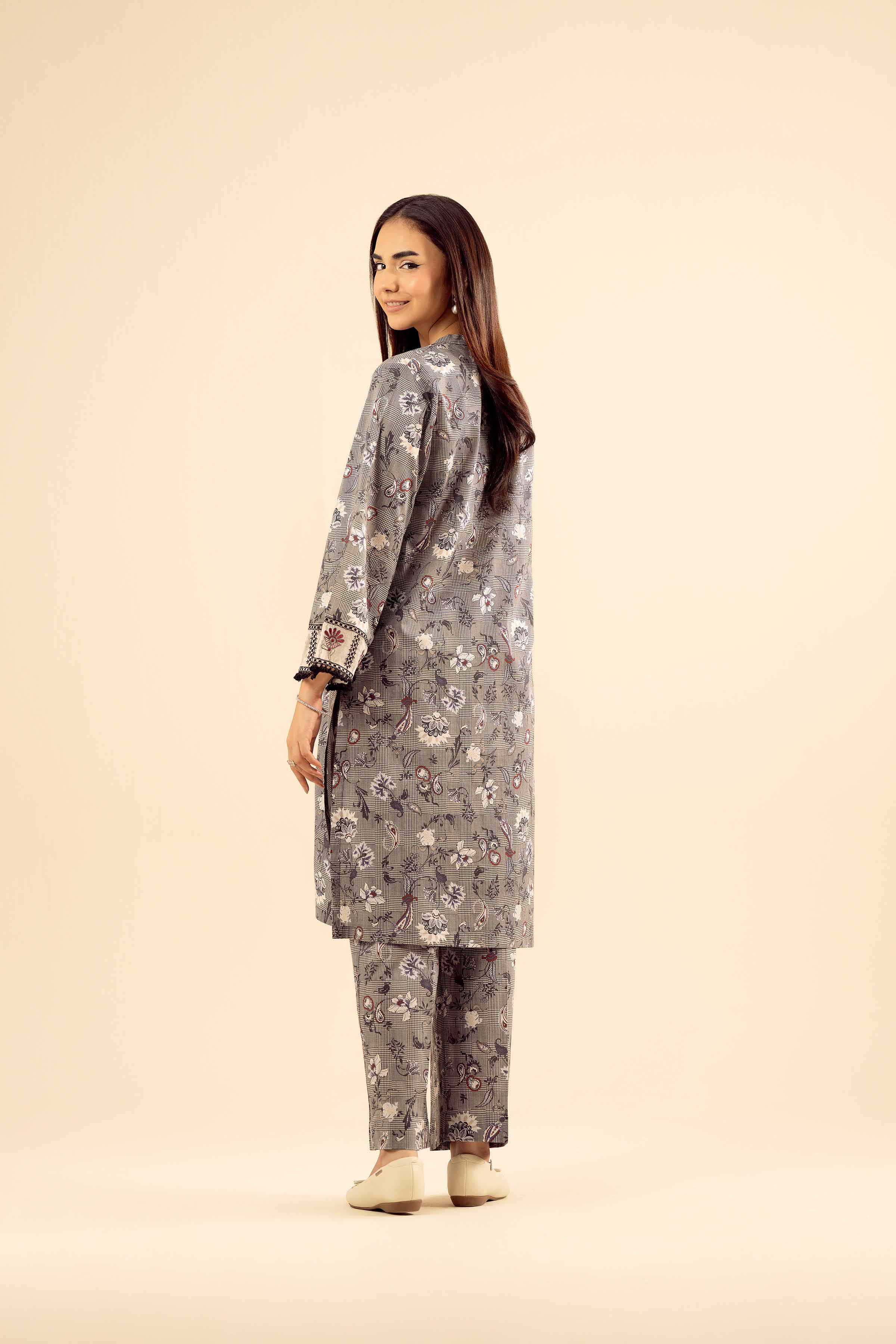 2 Piece - Printed Embroidered Suit - PW25-201 READY TO WEAR Grey Cambric 2PC Embroidered