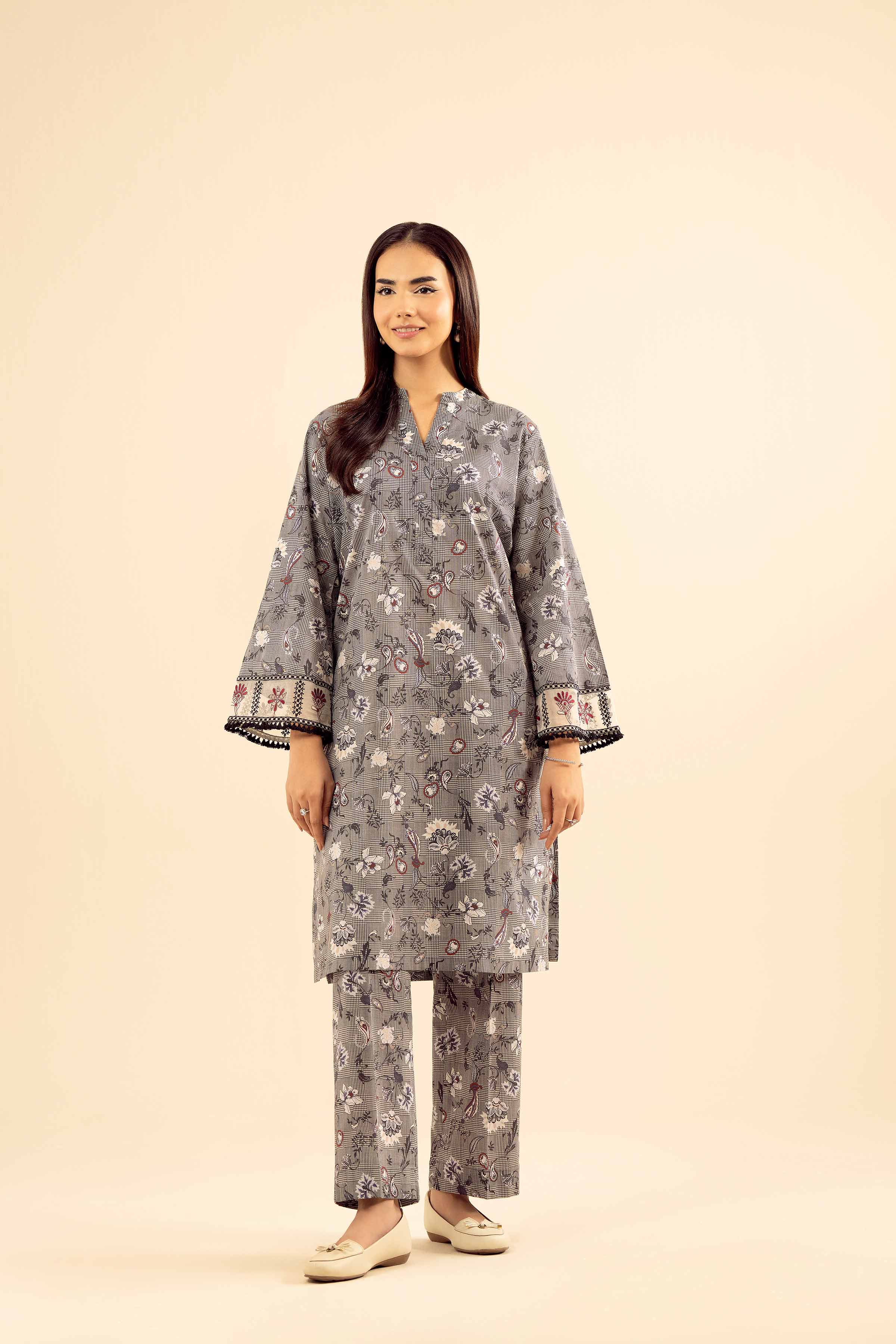 2 Piece - Printed Embroidered Suit - PW25-201 READY TO WEAR Grey Cambric 2PC Embroidered