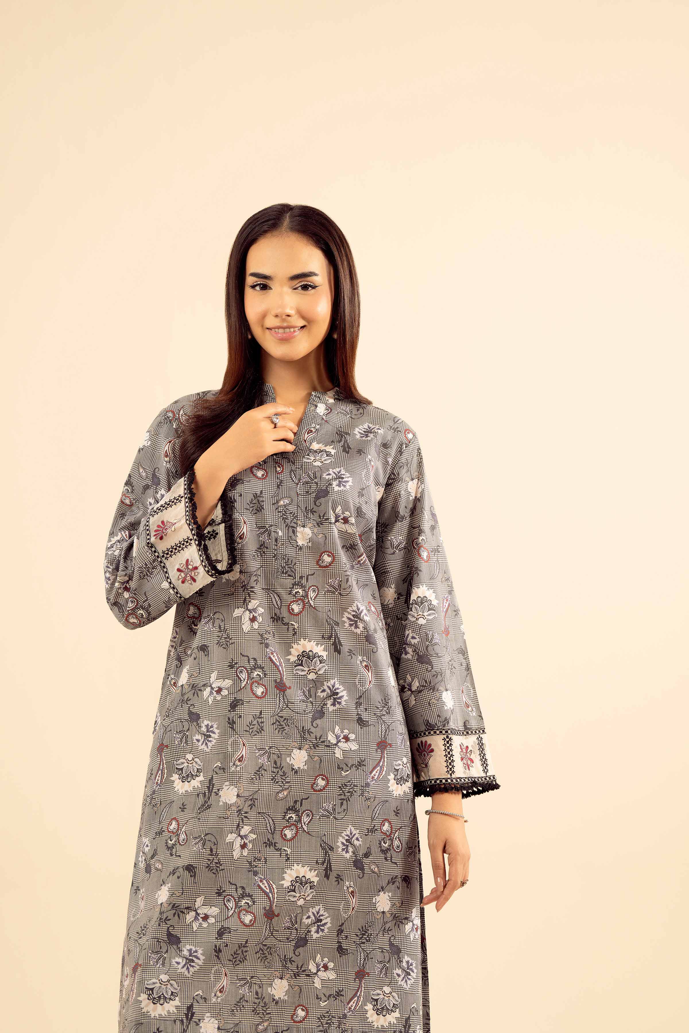 2 Piece - Printed Embroidered Suit - PW25-201 READY TO WEAR Grey Cambric 2PC Embroidered
