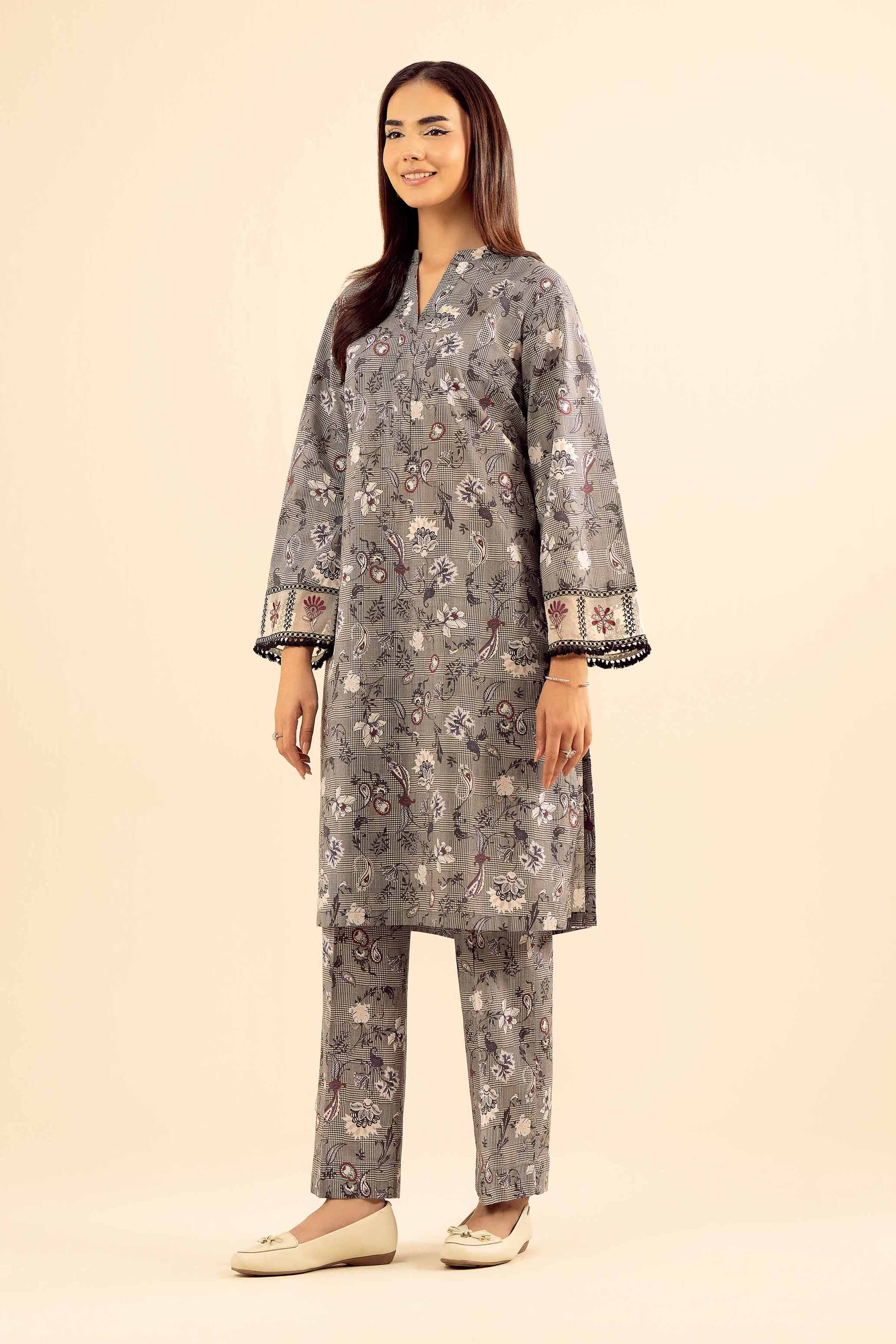 2 Piece - Printed Embroidered Suit - PW25-201 READY TO WEAR Grey Cambric 2PC Embroidered