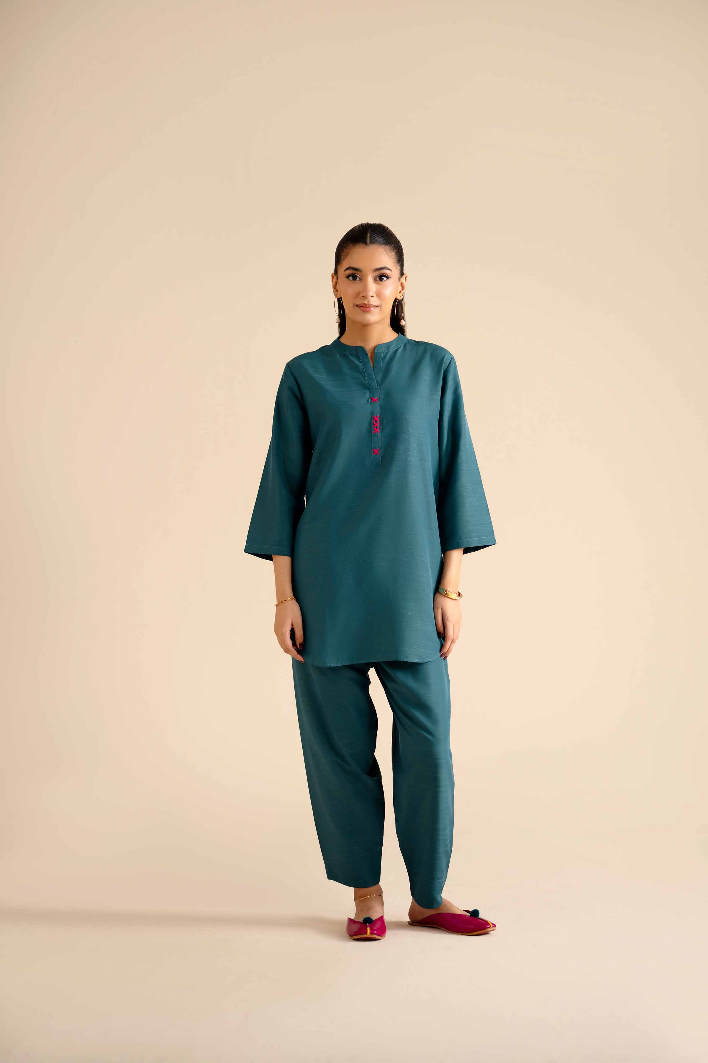 2 Piece - Basic Suit - PW25-251 READY TO WEAR Green Silk 2PC Solids