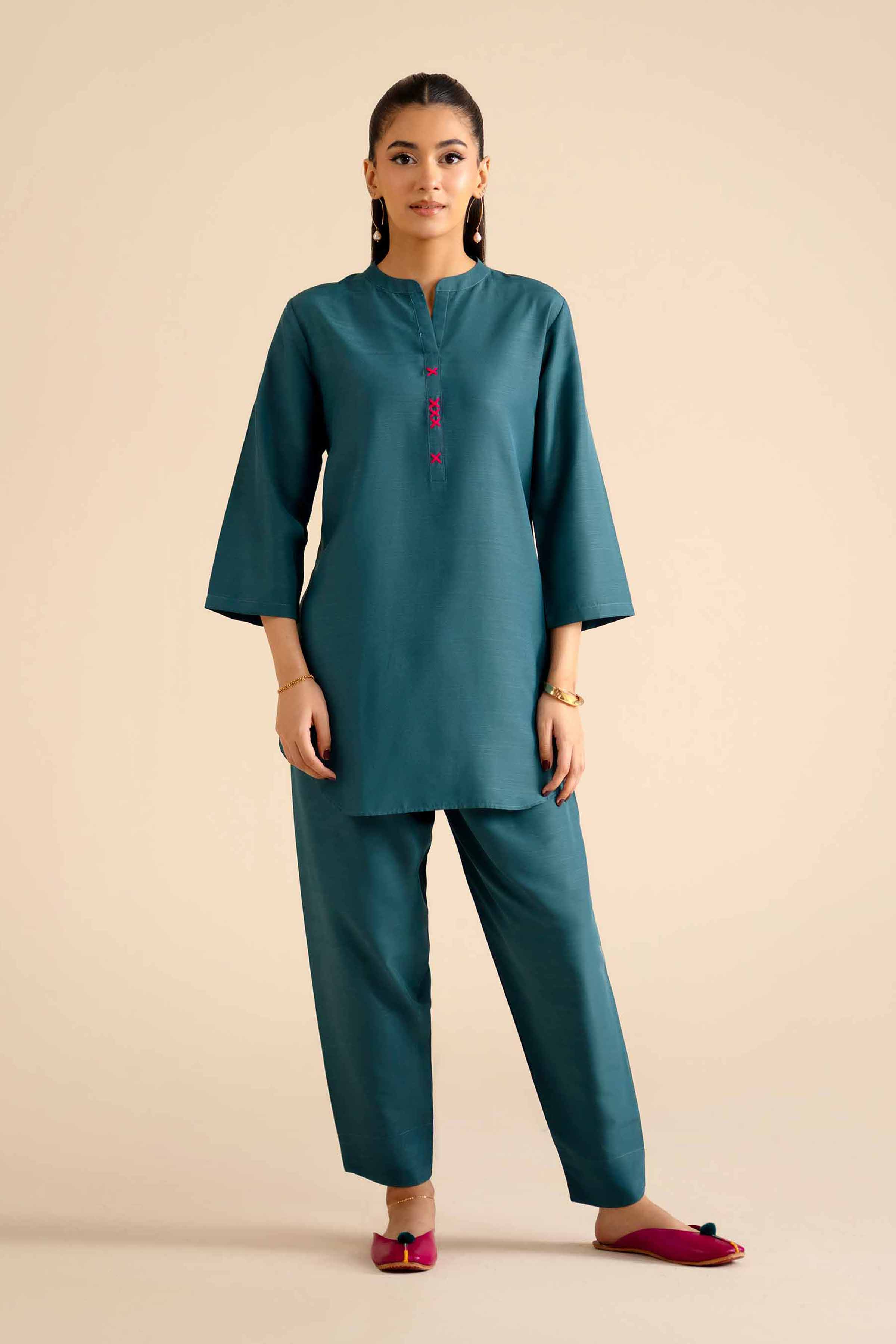 2 Piece - Basic Suit - PW25-251 READY TO WEAR Green Silk 2PC Solids