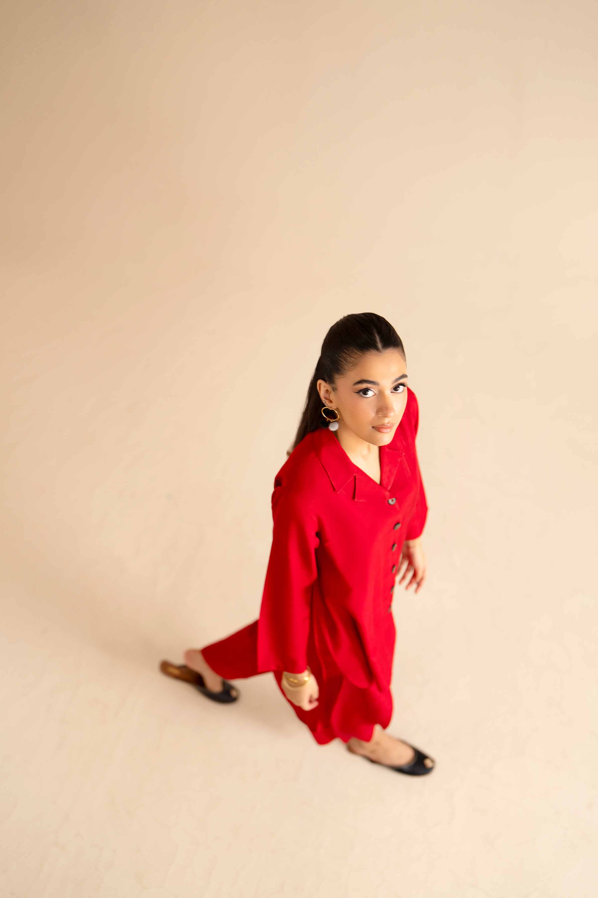 2 Piece - Basic Suit - PW25-252 READY TO WEAR Red Silk 2PC Solids