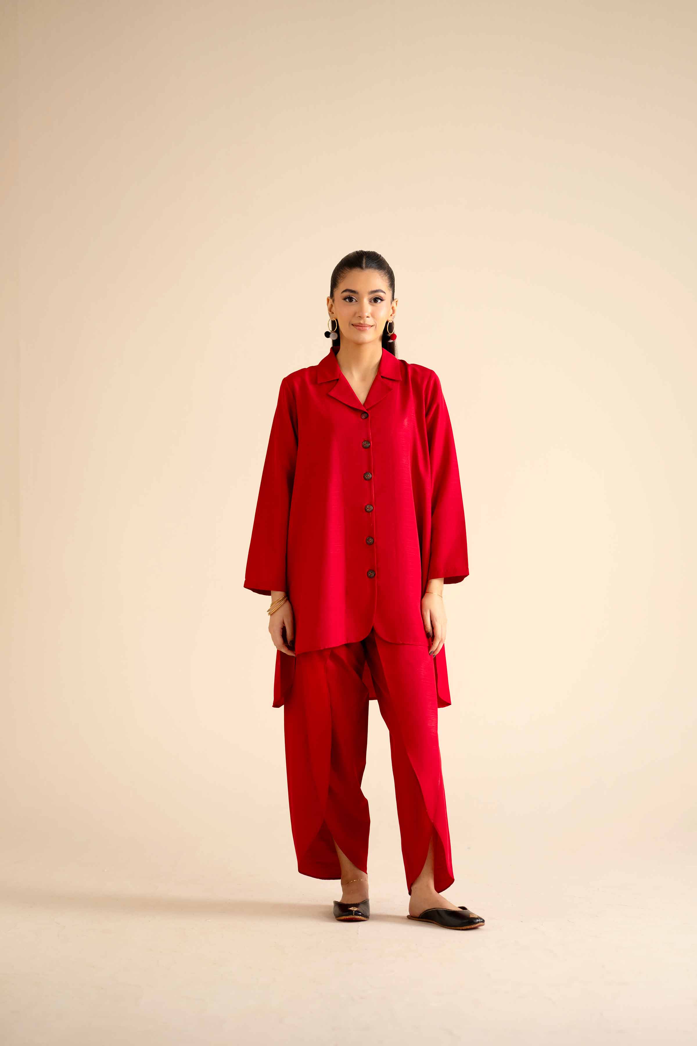 2 Piece - Basic Suit - PW25-252 READY TO WEAR Red Silk 2PC Solids