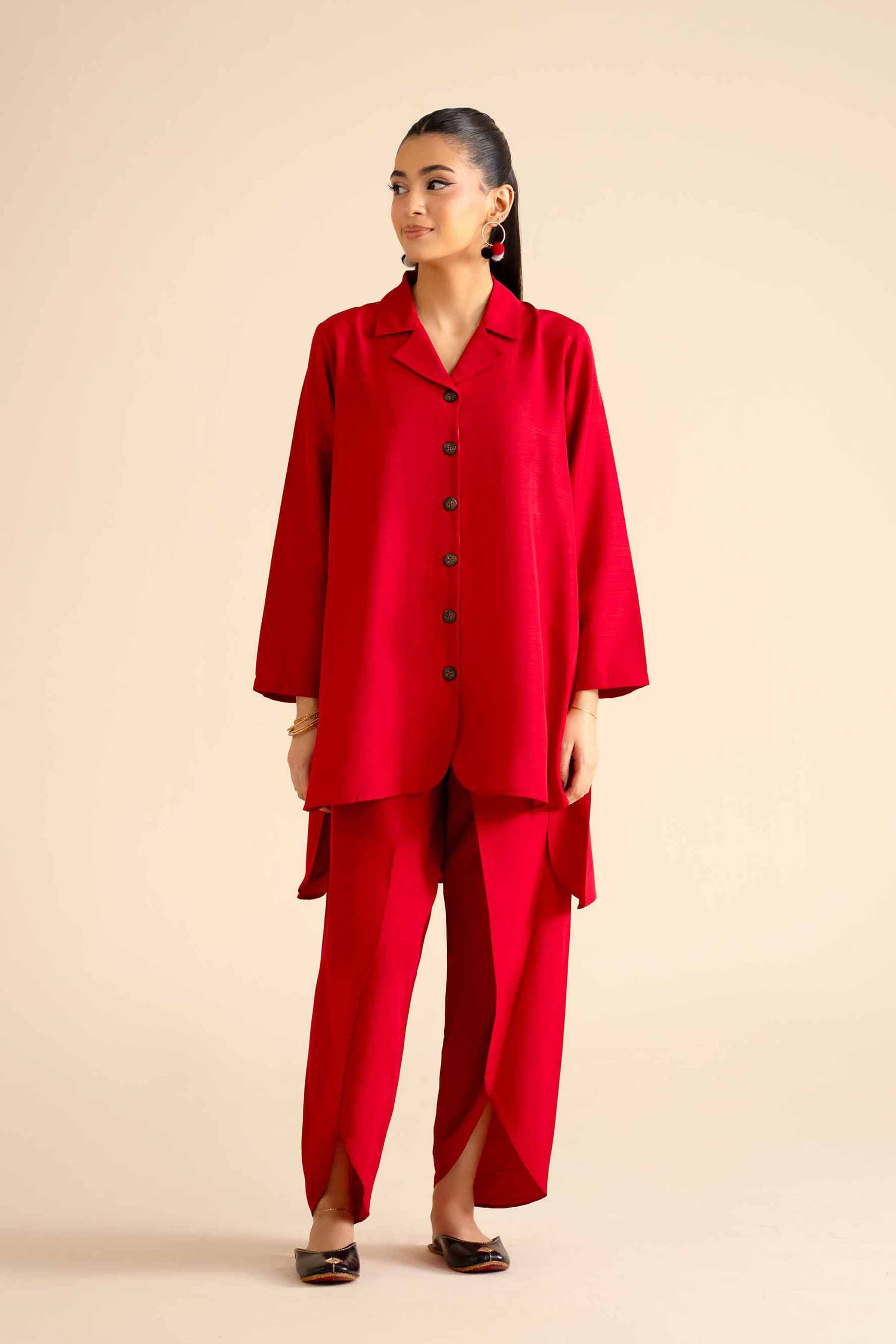 2 Piece - Basic Suit - PW25-252 READY TO WEAR Red Silk 2PC Solids