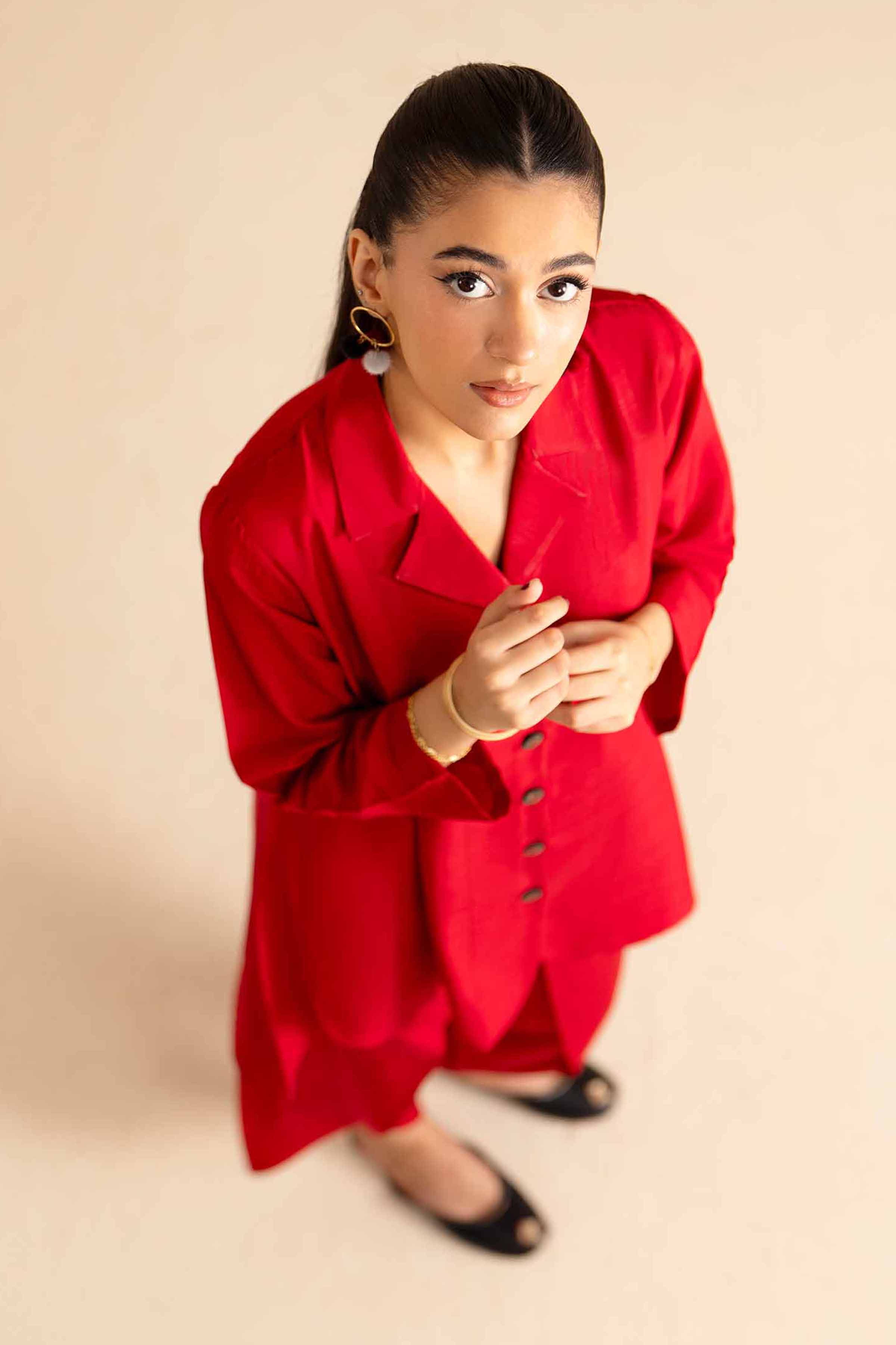 2 Piece - Basic Suit - PW25-252 READY TO WEAR Red Silk 2PC Solids