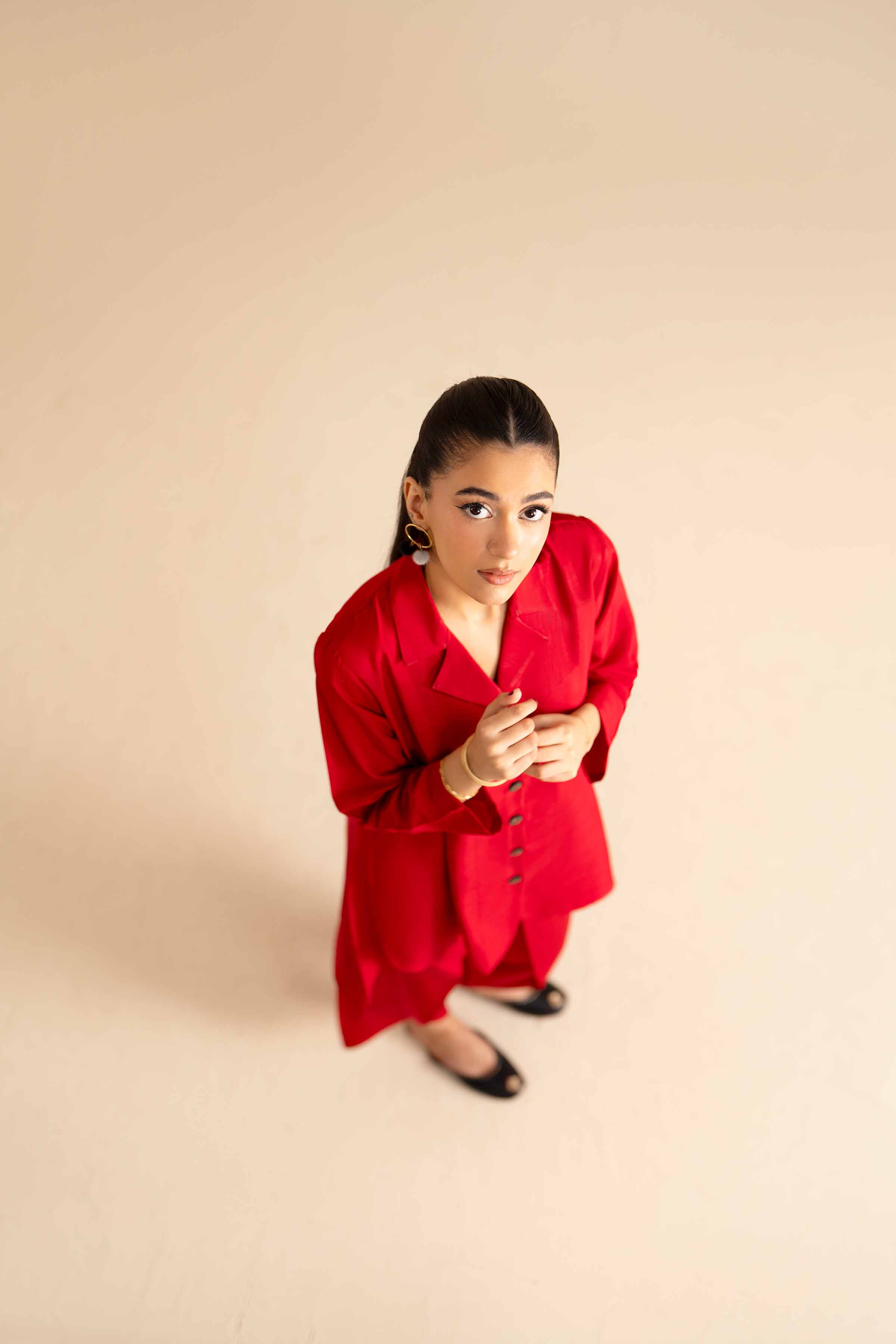 2 Piece - Basic Suit - PW25-252 READY TO WEAR Red Silk 2PC Solids