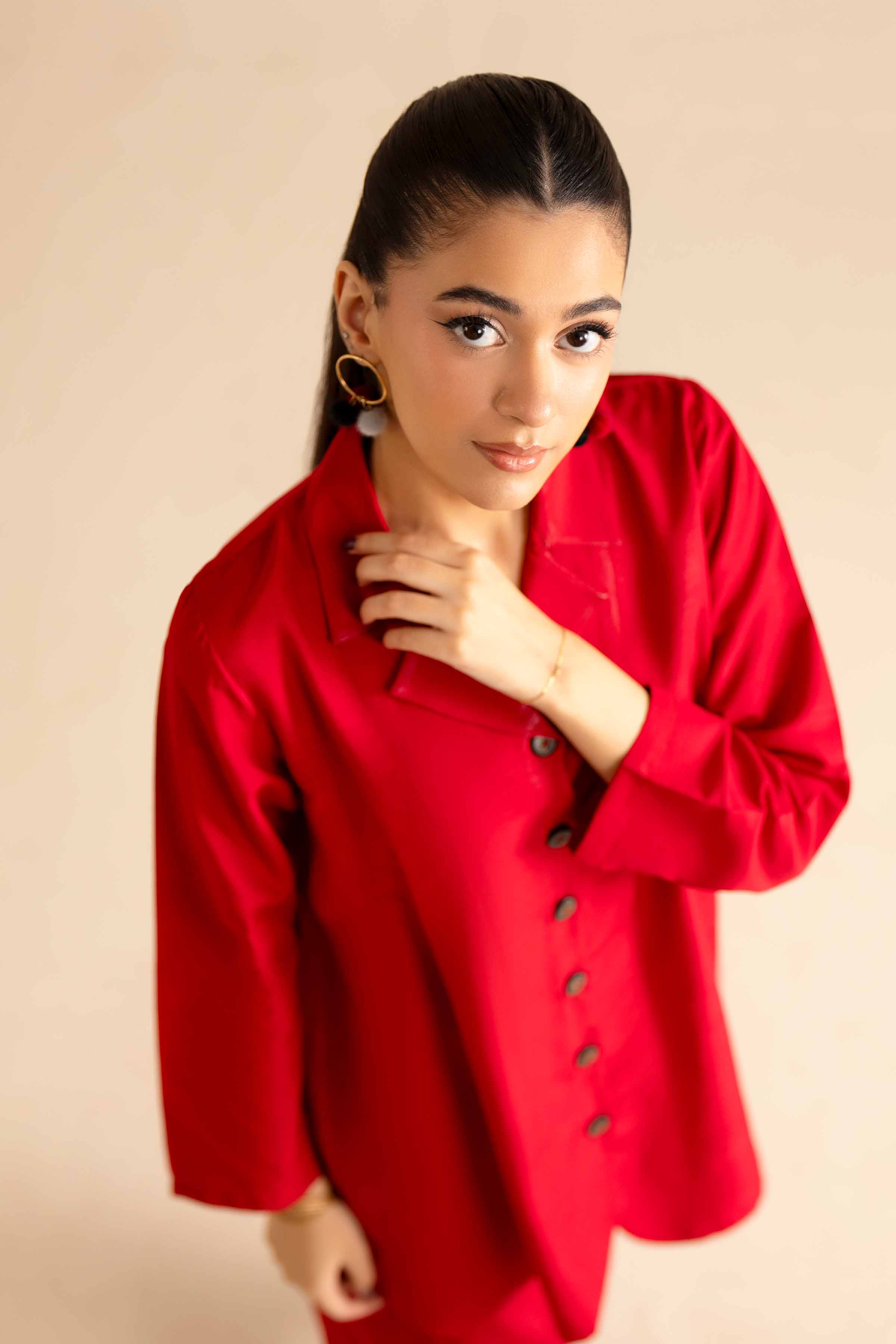 2 Piece - Basic Suit - PW25-252 READY TO WEAR Red Silk 2PC Solids