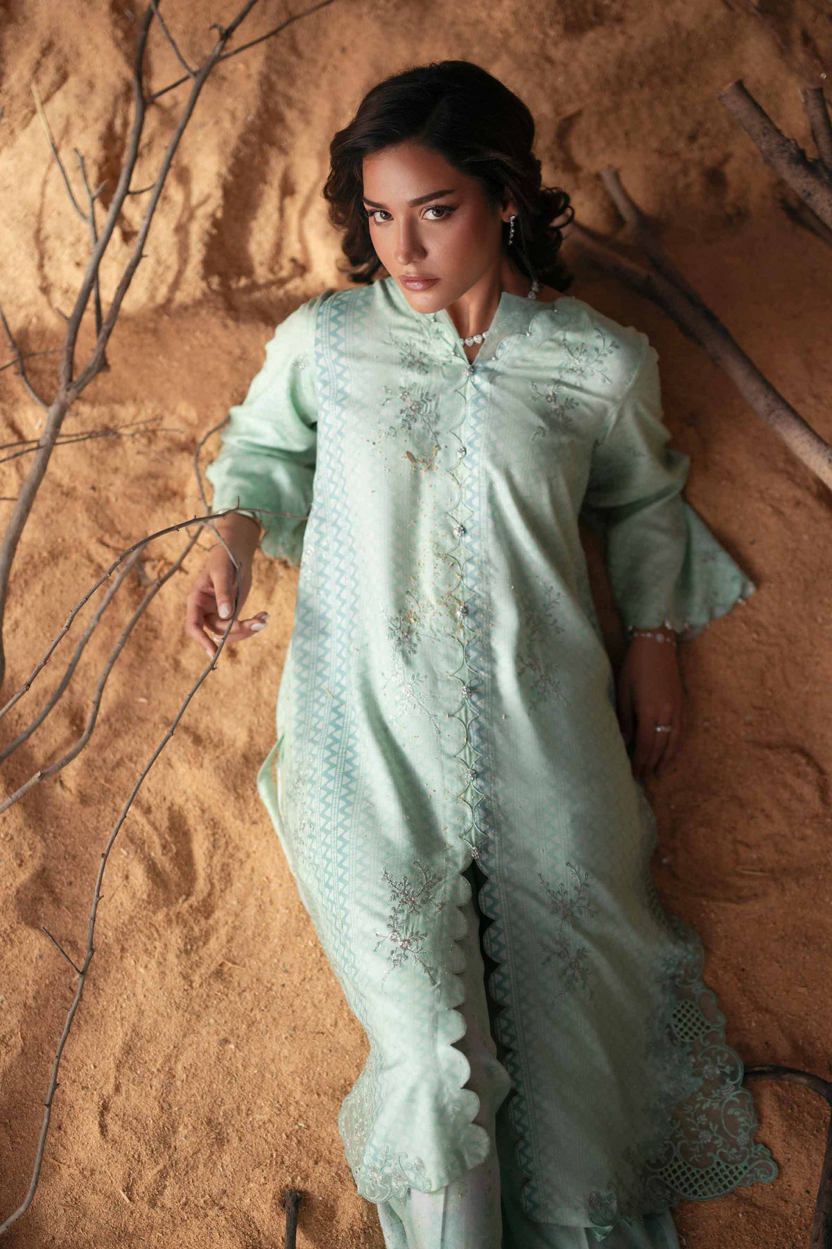 2 Piece - Printed Embroidered Suit - PW25-259 Green Slub 2PC Embroidered Nishat Australia