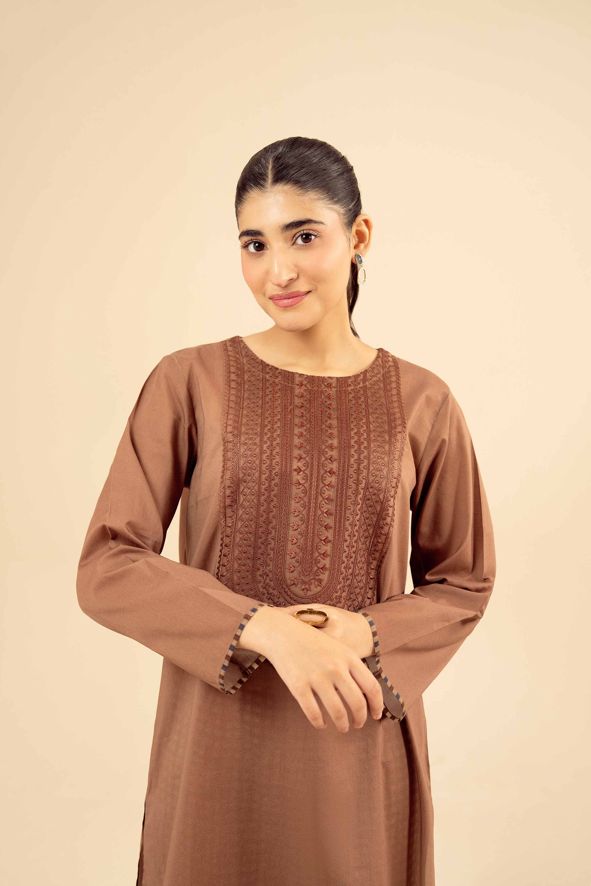 2 Piece - Embroidered Suit - PW25-26 READY TO WEAR Brown Cambric 2 Pieces Embroidered