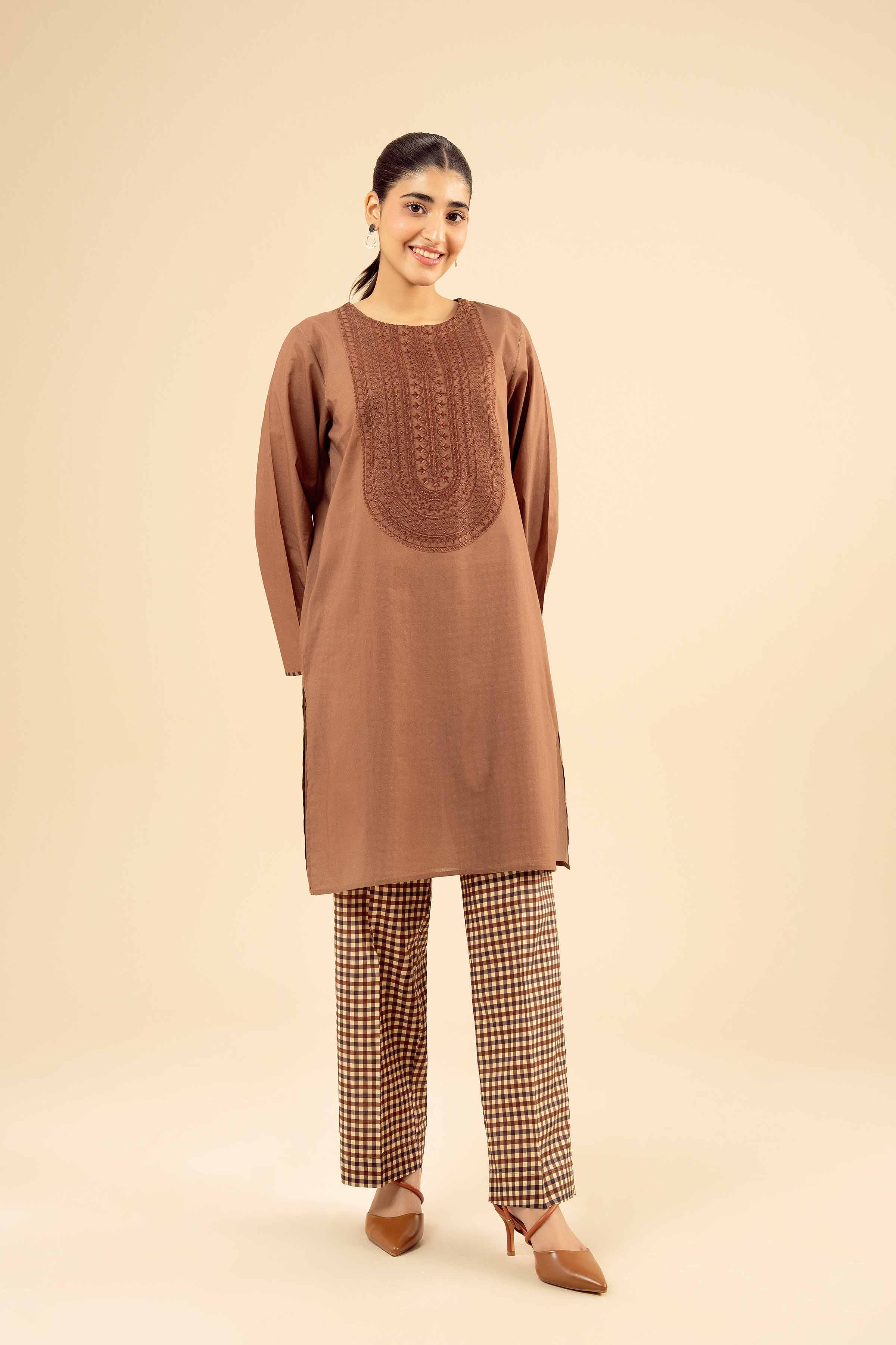 2 Piece - Embroidered Suit - PW25-26 READY TO WEAR Brown Cambric 2 Pieces Embroidered