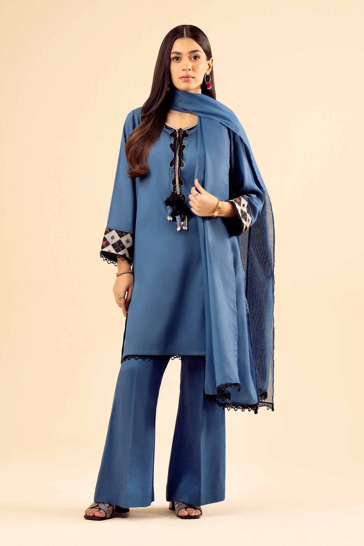 3 Piece - Basic Suit - PW25-27 Blue Satin 3PC Solids Nishat Australia