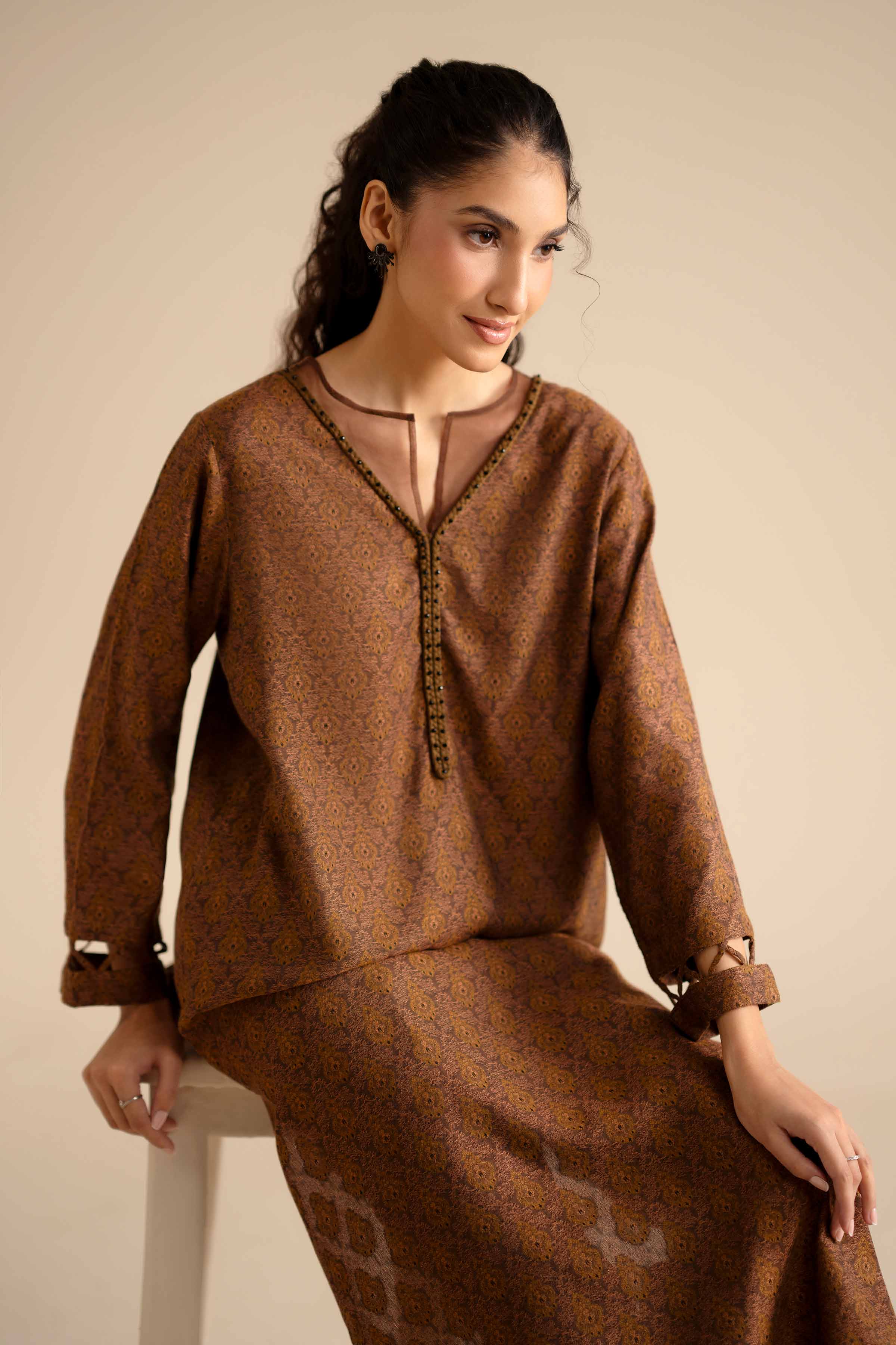 2 Piece - Printed Suit - PW25-277 READY TO WEAR Brown Jacquard 2 Pieces Printed