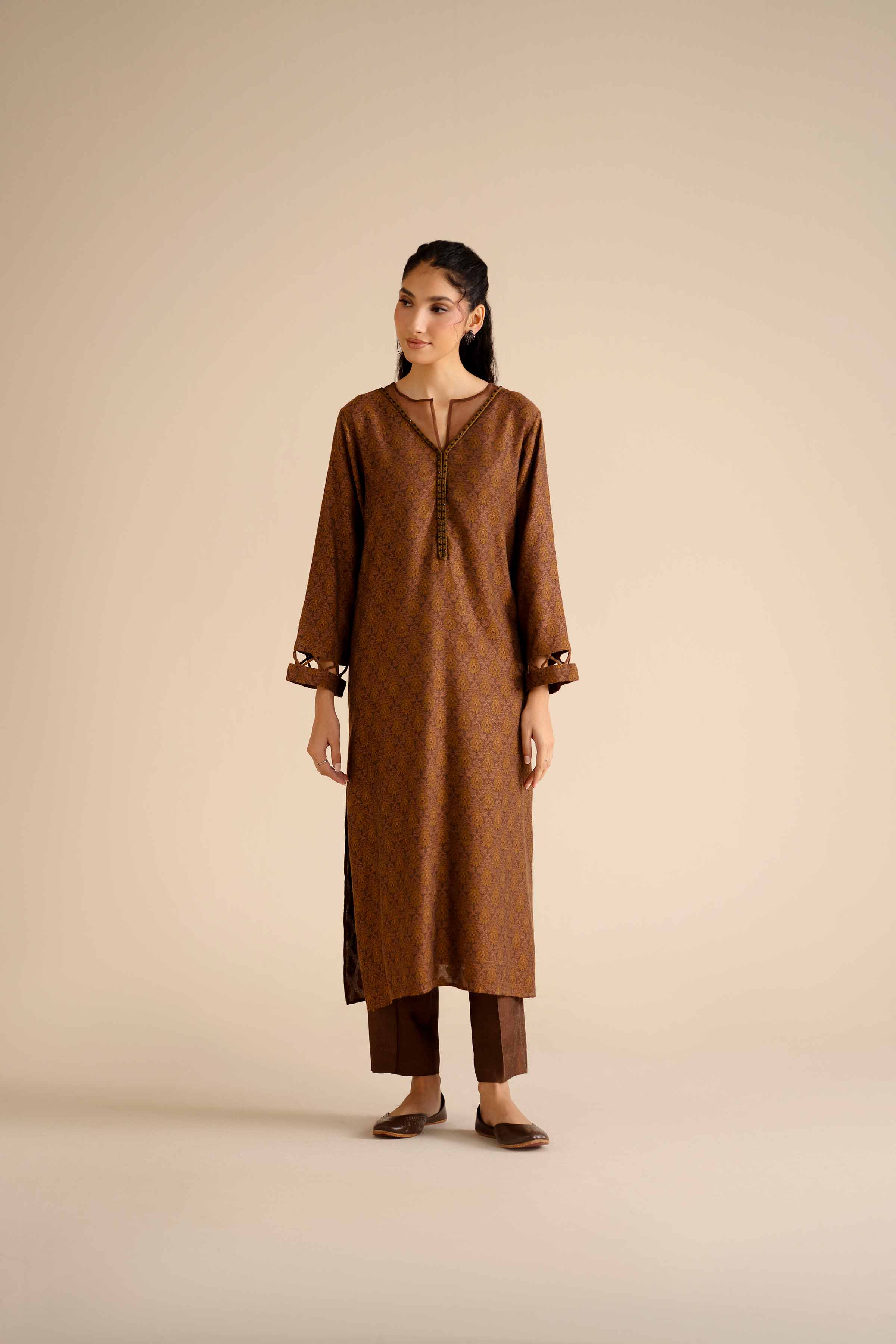 2 Piece - Printed Suit - PW25-277 READY TO WEAR Brown Jacquard 2 Pieces Printed