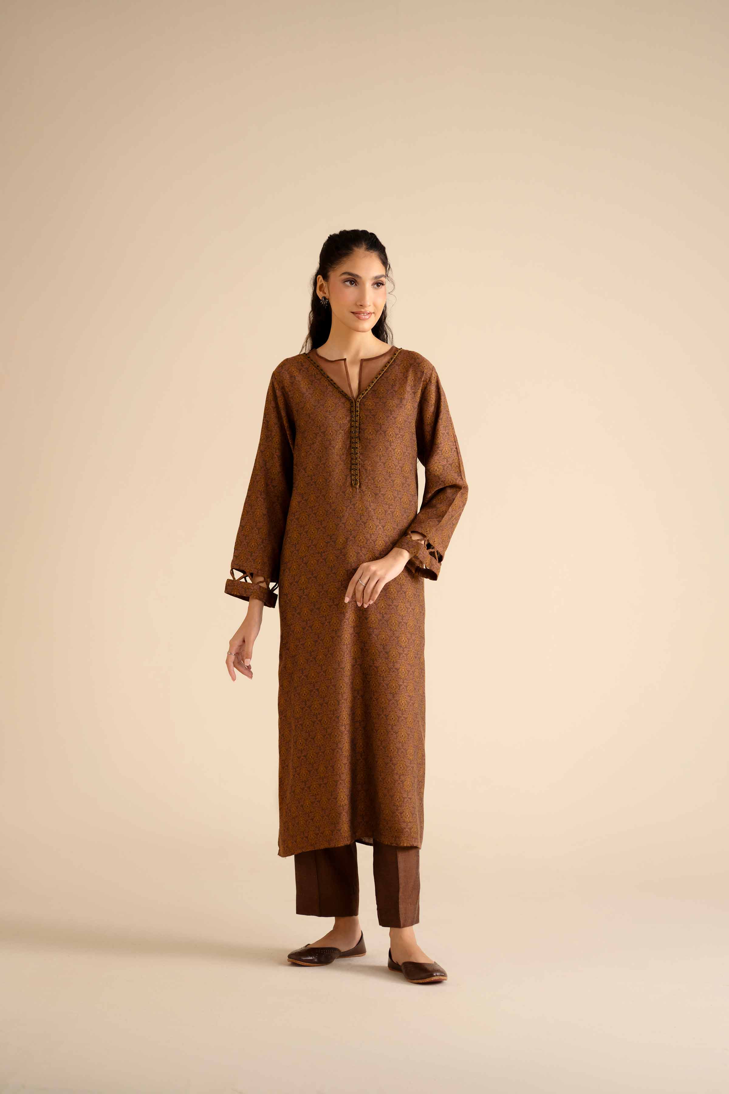 2 Piece - Printed Suit - PW25-277 READY TO WEAR Brown Jacquard 2 Pieces Printed