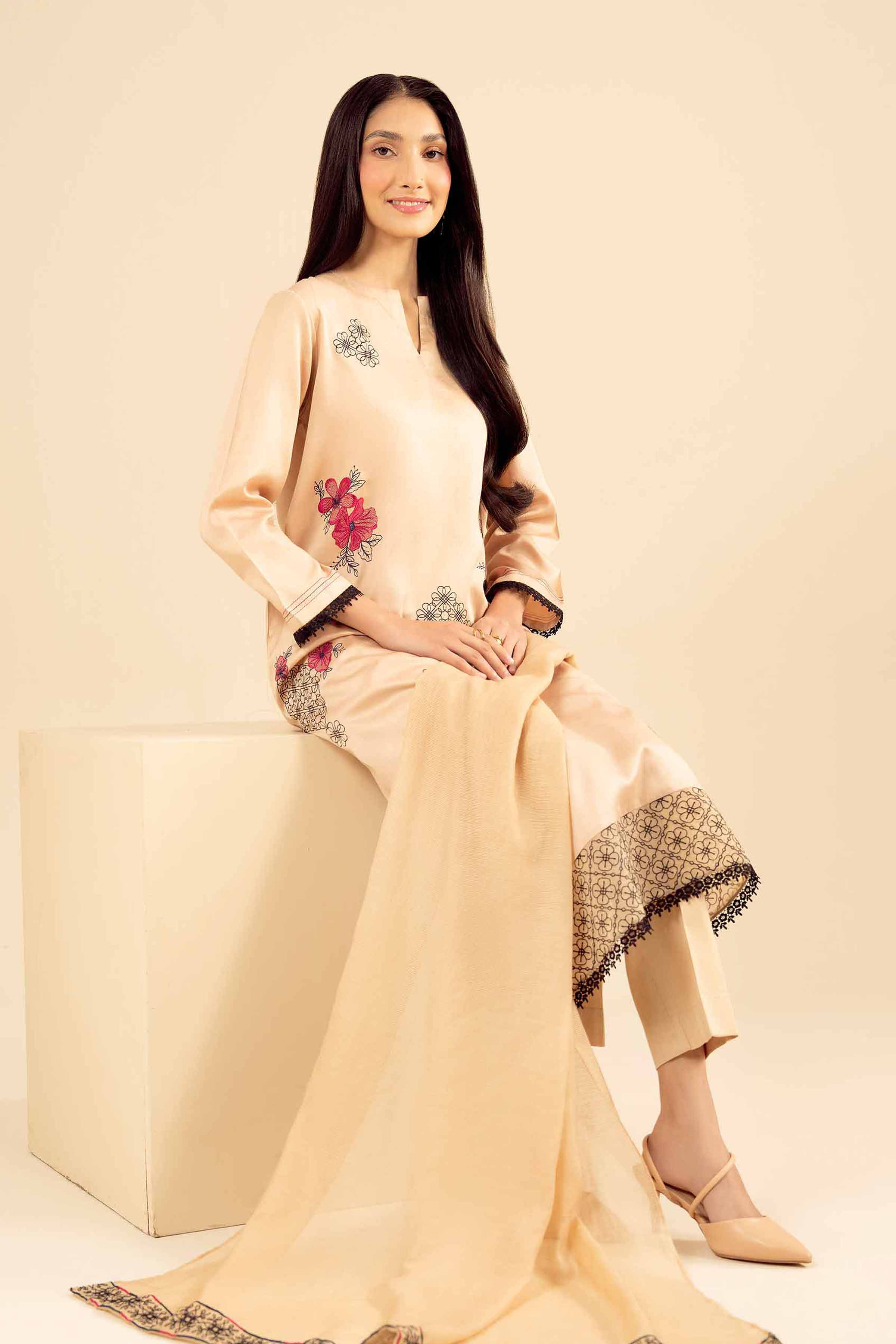 3 Piece - Embroidered Suit - PW25-29 READY TO WEAR Yellow Sateen 3PC Embroidered
