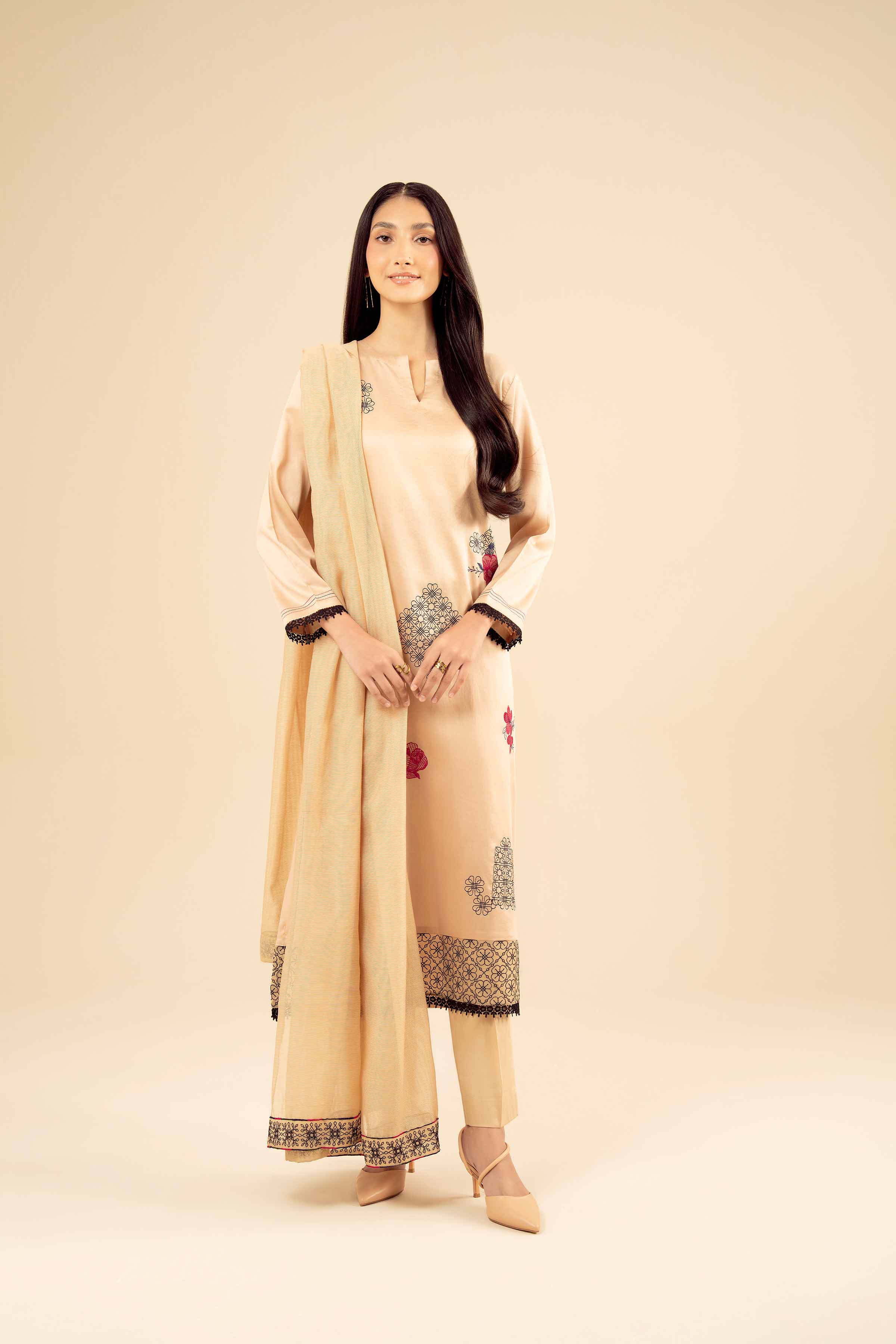 3 Piece - Embroidered Suit - PW25-29 READY TO WEAR Yellow Sateen 3PC Embroidered