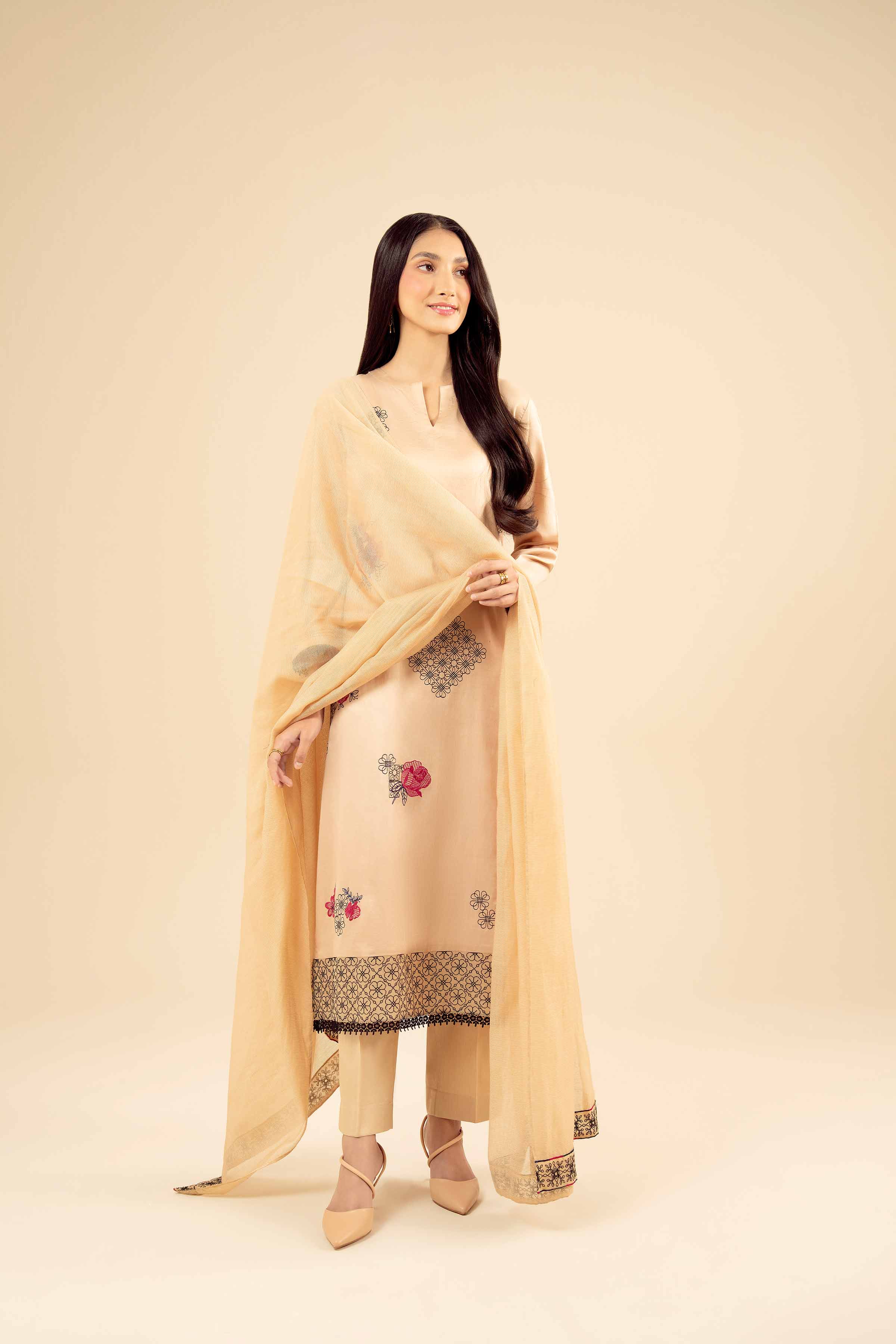 3 Piece - Embroidered Suit - PW25-29 READY TO WEAR Yellow Sateen 3PC Embroidered