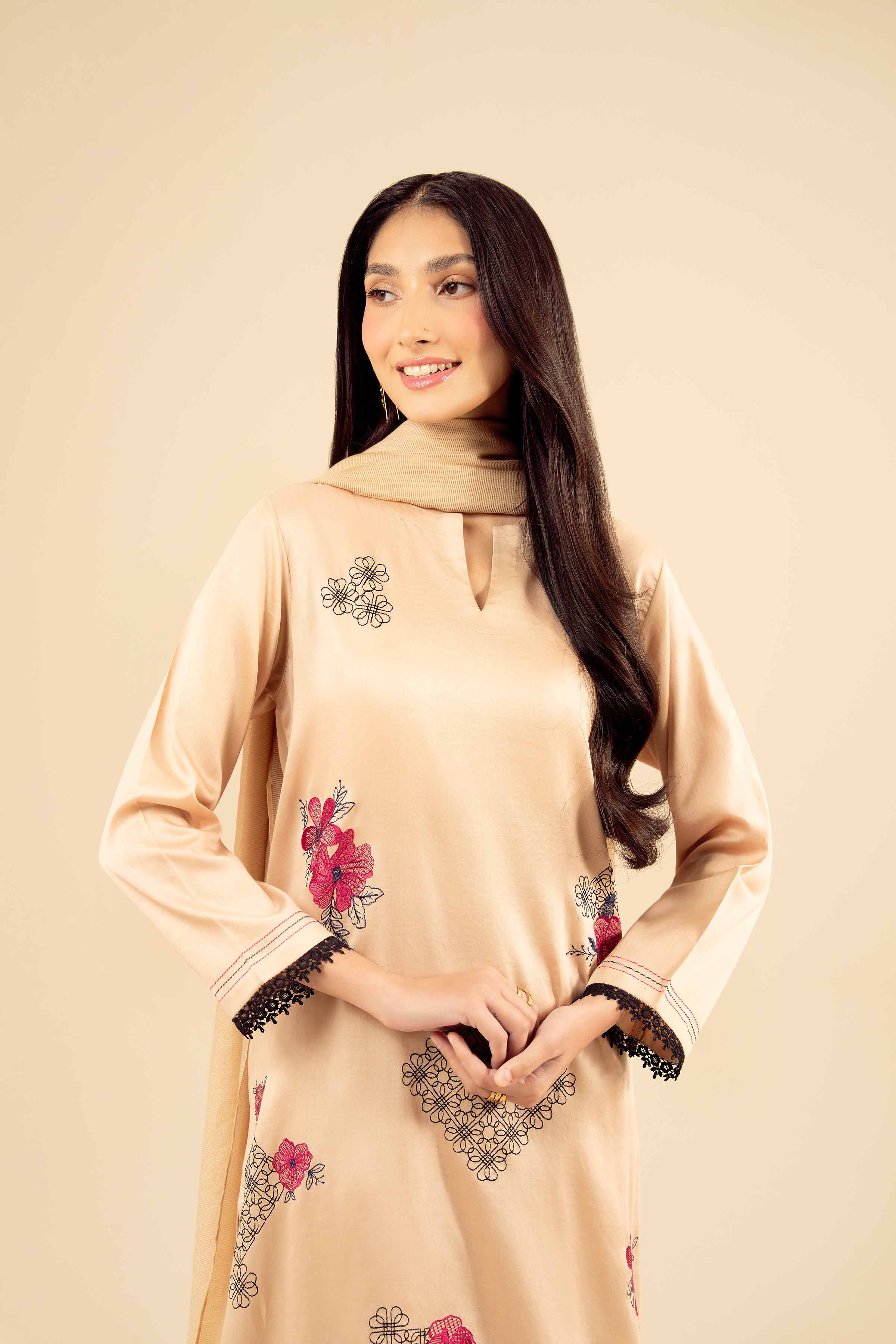 3 Piece - Embroidered Suit - PW25-29 READY TO WEAR Yellow Sateen 3PC Embroidered