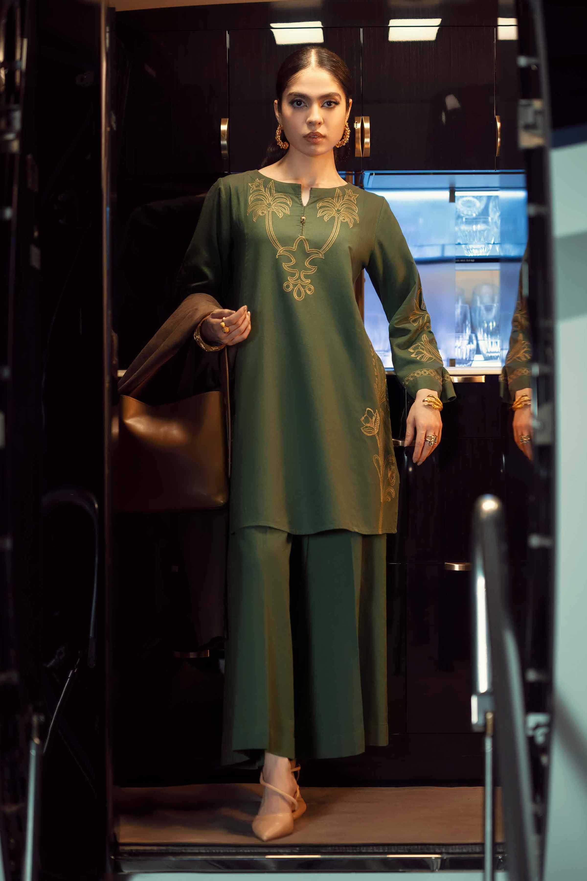 2 Piece - Embroidered Suit - PW25-298 READY TO WEAR Green Cotton 2 Pieces Embroidered