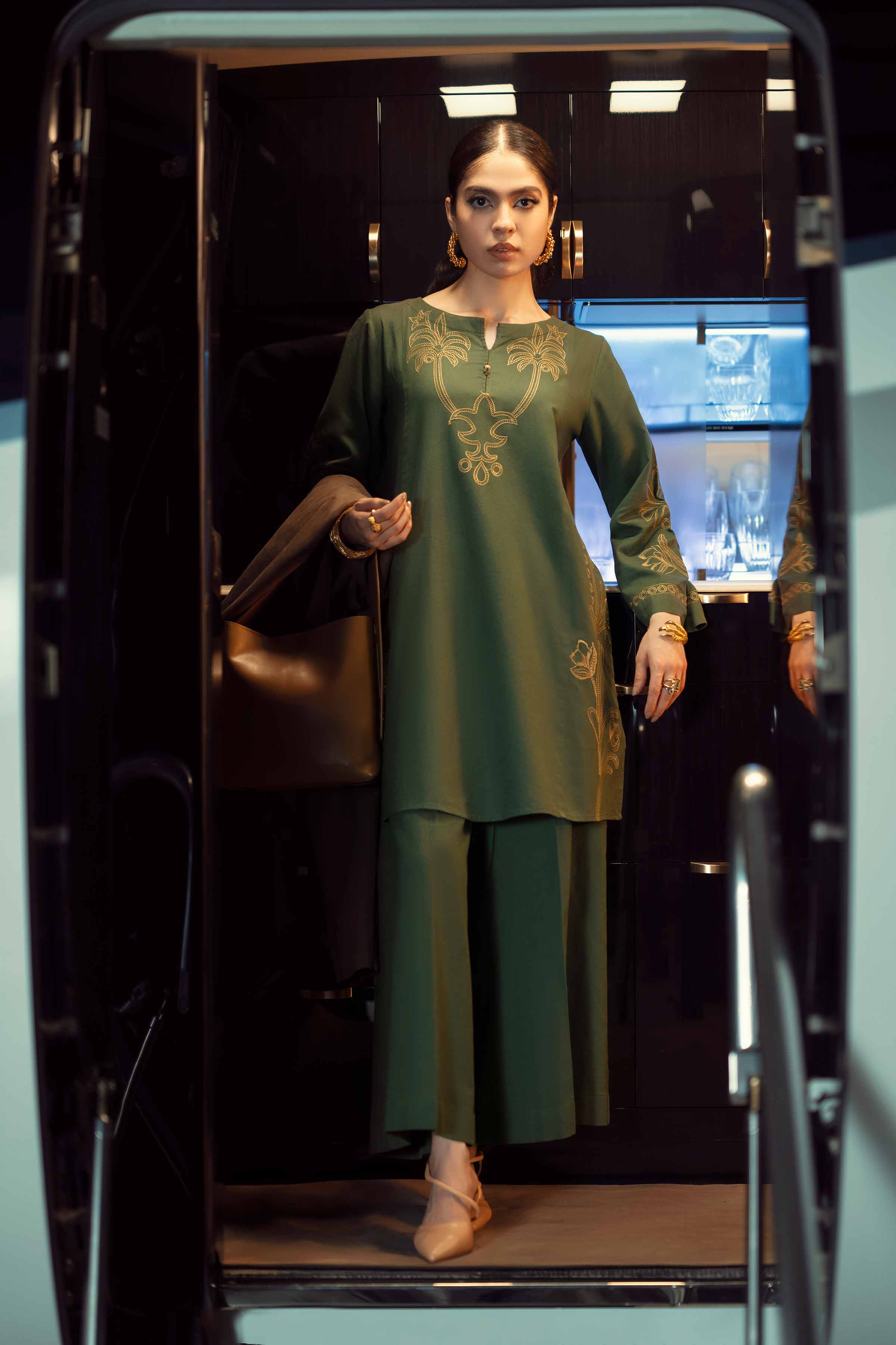 2 Piece - Embroidered Suit - PW25-298 READY TO WEAR Green Cotton 2 Pieces Embroidered