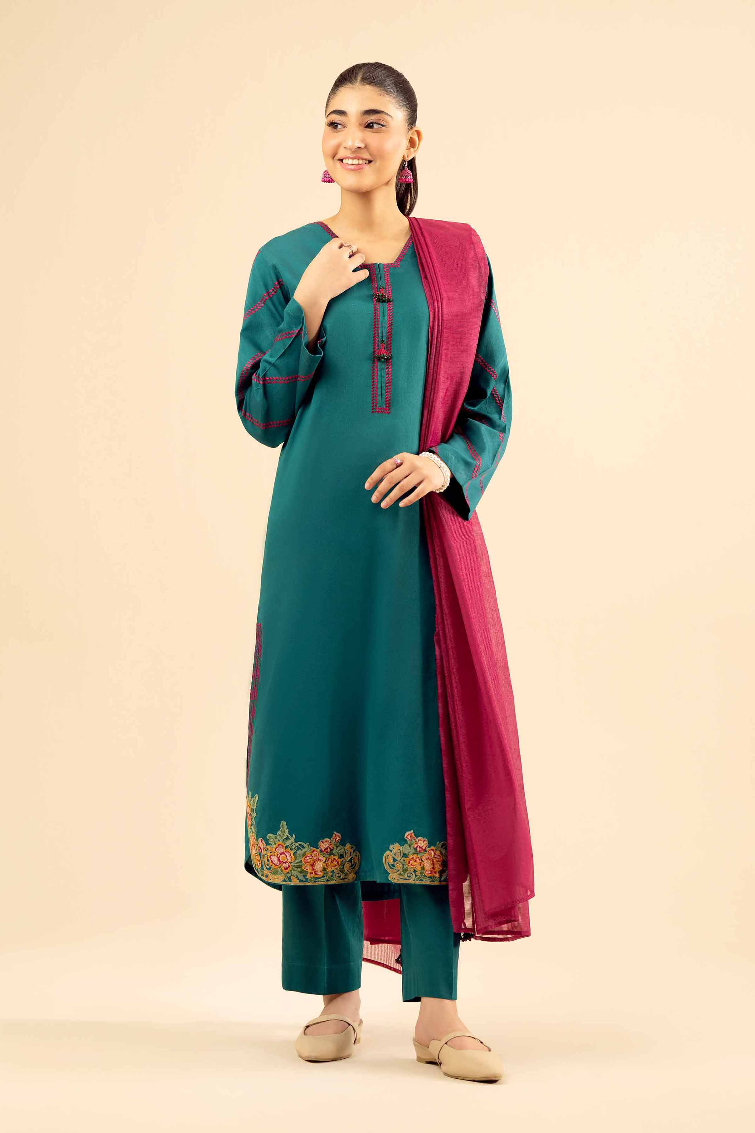 3 Piece - Embroidered Suit - PW25-30 READY TO WEAR Green Sateen 3PC Embroidered