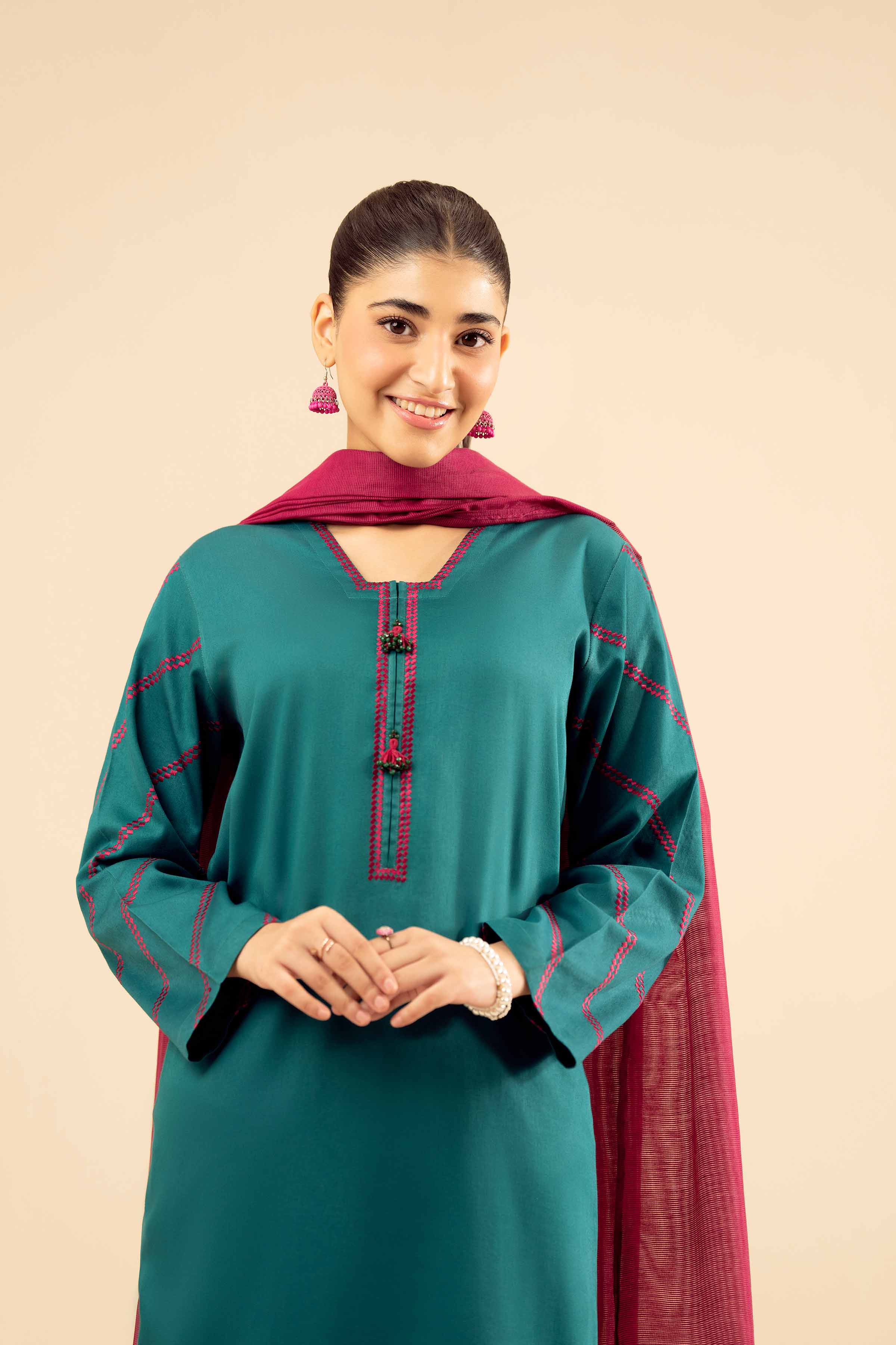 3 Piece - Embroidered Suit - PW25-30 READY TO WEAR Green Sateen 3PC Embroidered