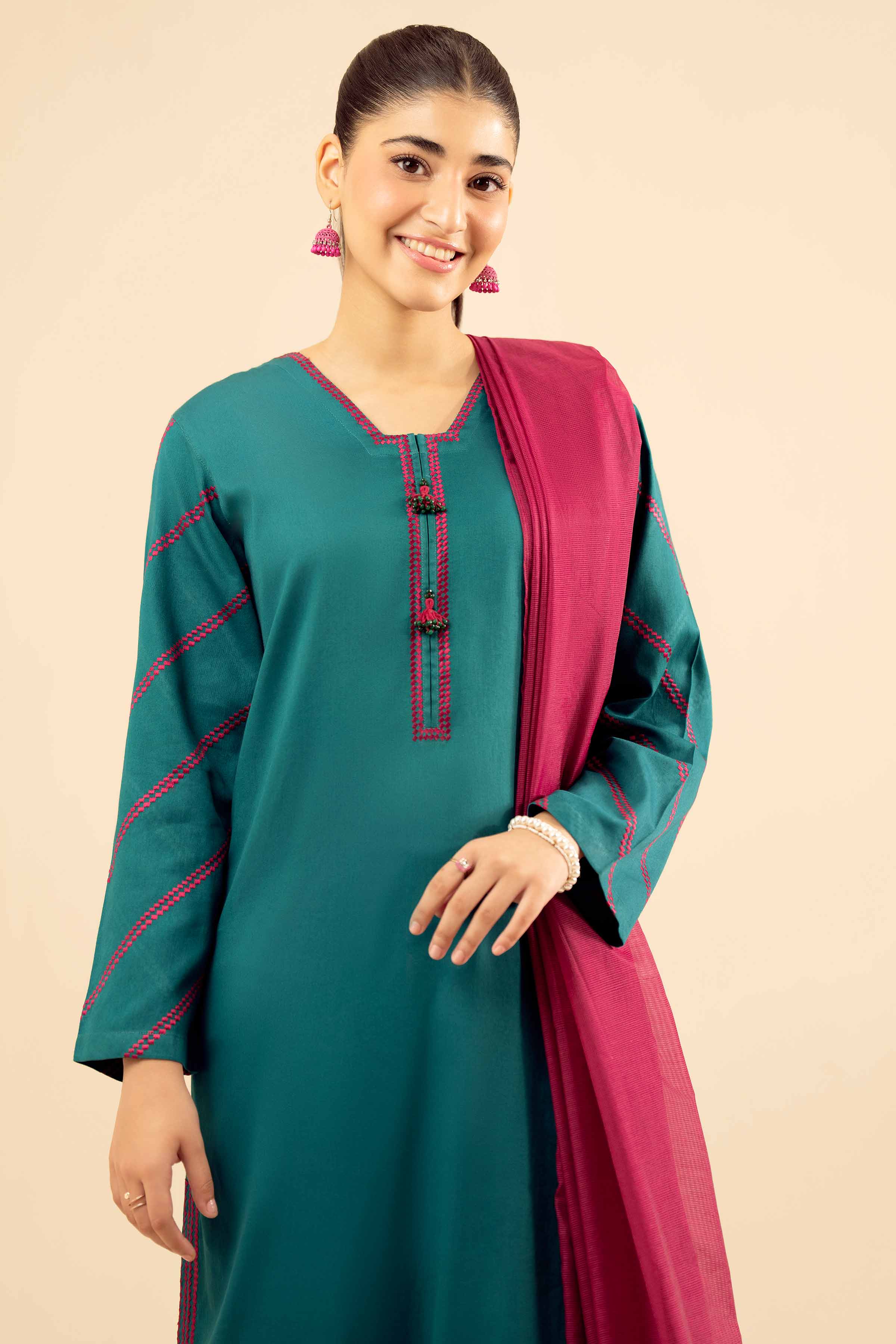 3 Piece - Embroidered Suit - PW25-30 READY TO WEAR Green Sateen 3PC Embroidered