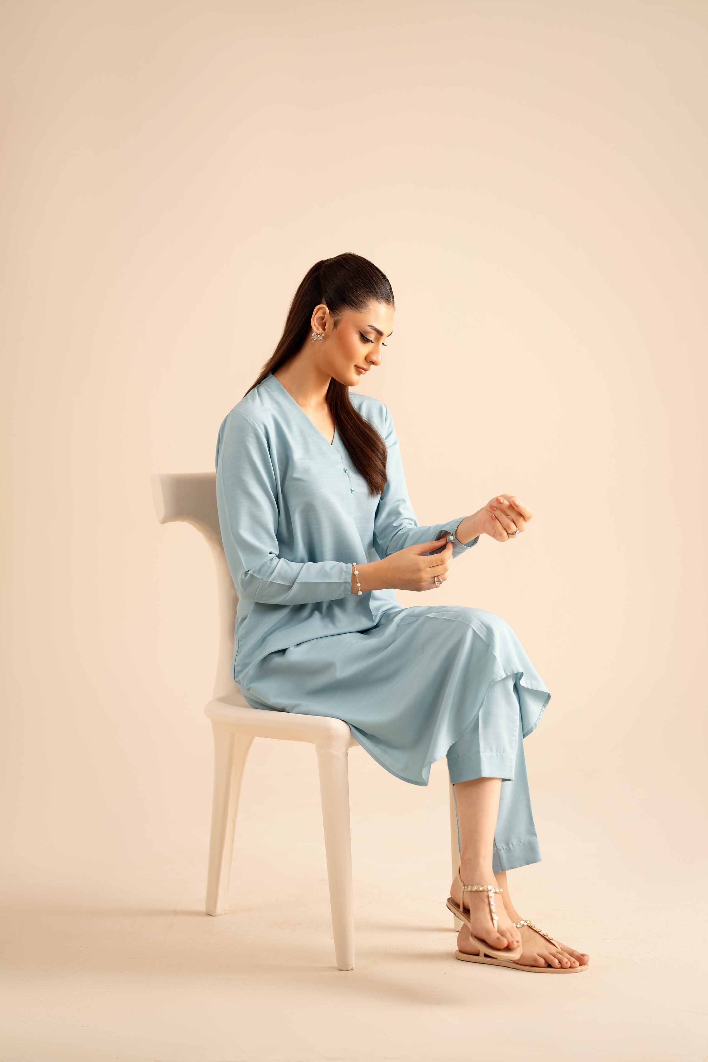 2 Piece - Basic Suit - PW25-312 READY TO WEAR Blue Silk 2PC Solids