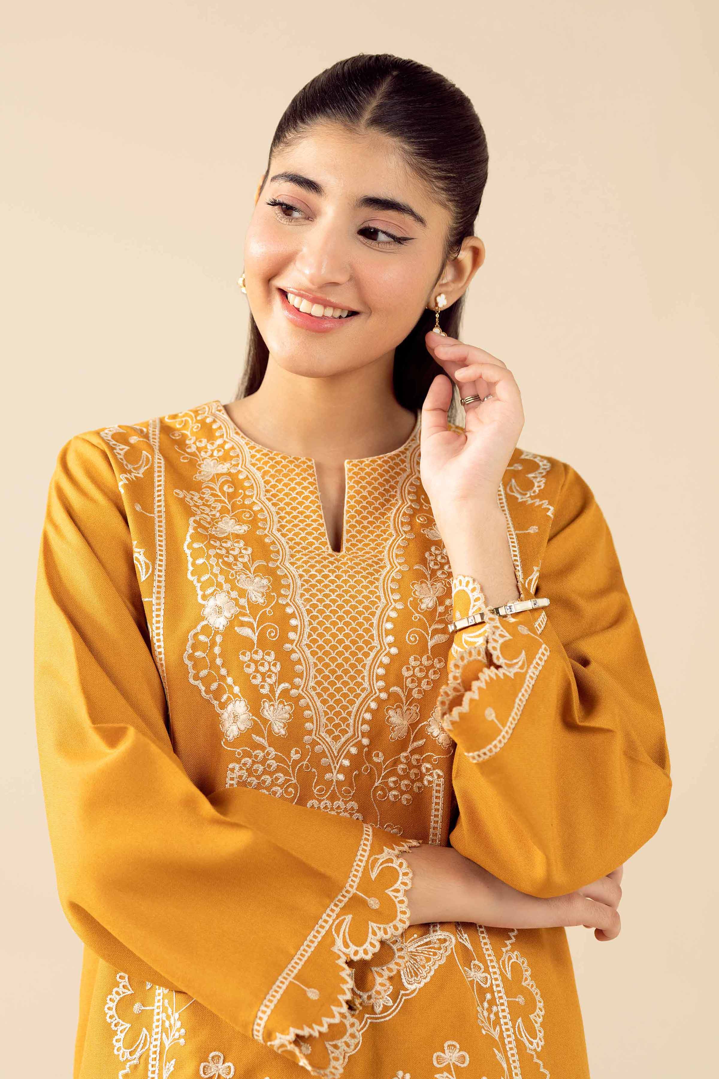 2 Piece - Embroidered Suit - PW25-324 READY TO WEAR Yellow Poshak 2PC Embroidered