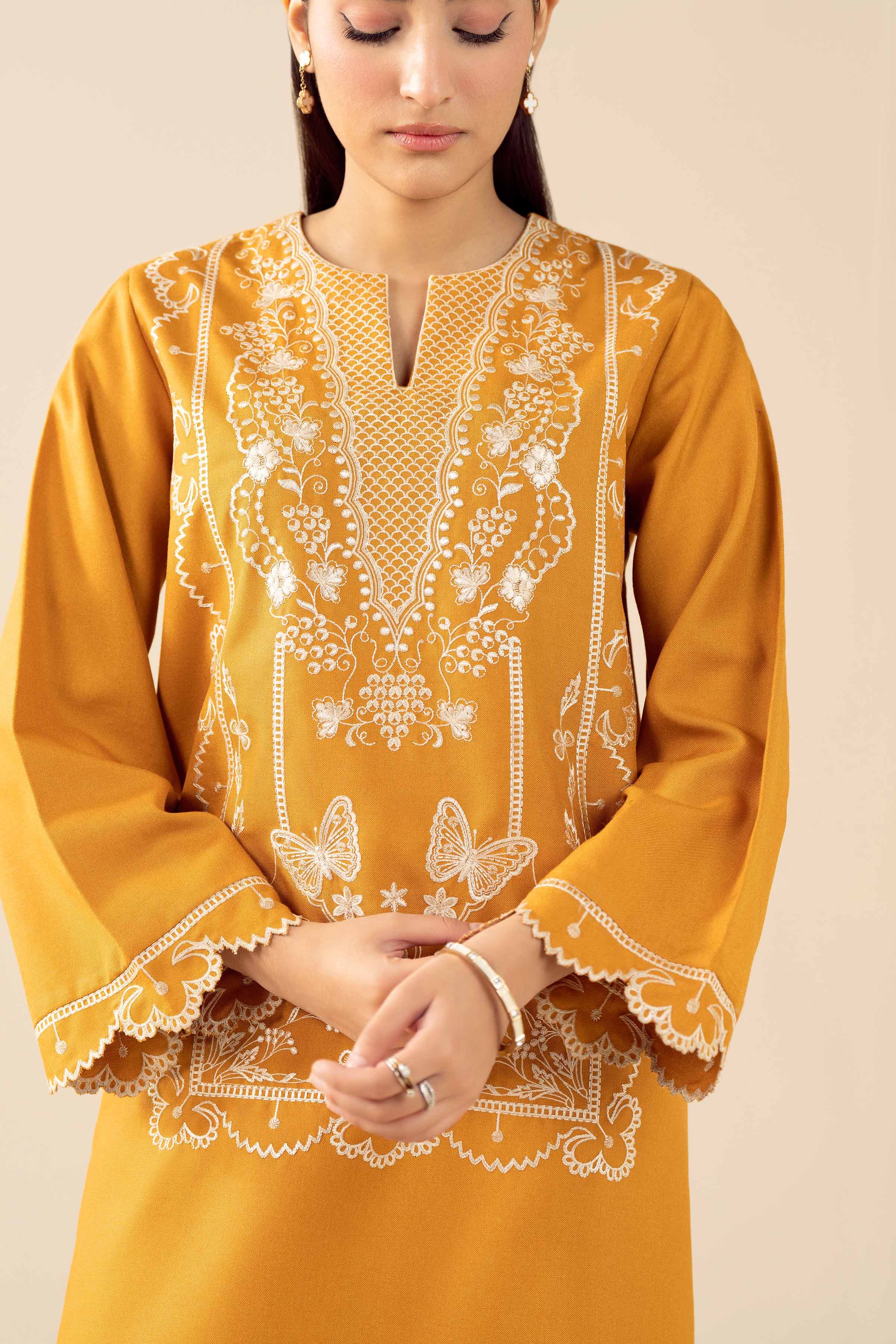 2 Piece - Embroidered Suit - PW25-324 READY TO WEAR Yellow Poshak 2PC Embroidered